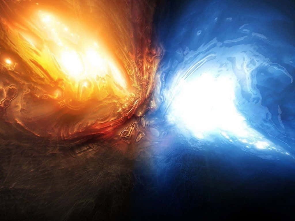  壁紙 — 熾熱橙色與電光藍色能量在黑暗虛空中旋轉的宇宙碰撞。