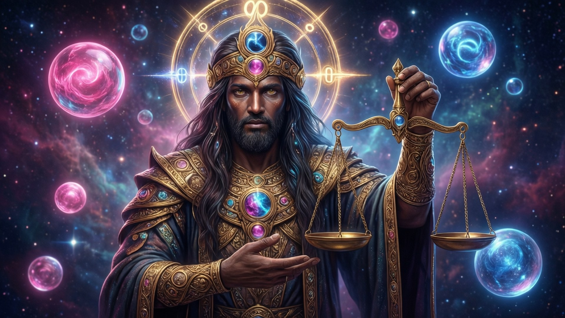 一位身穿金色盔甲的神聖人物，在旋轉的宇宙球體和星辰中手持天秤。
