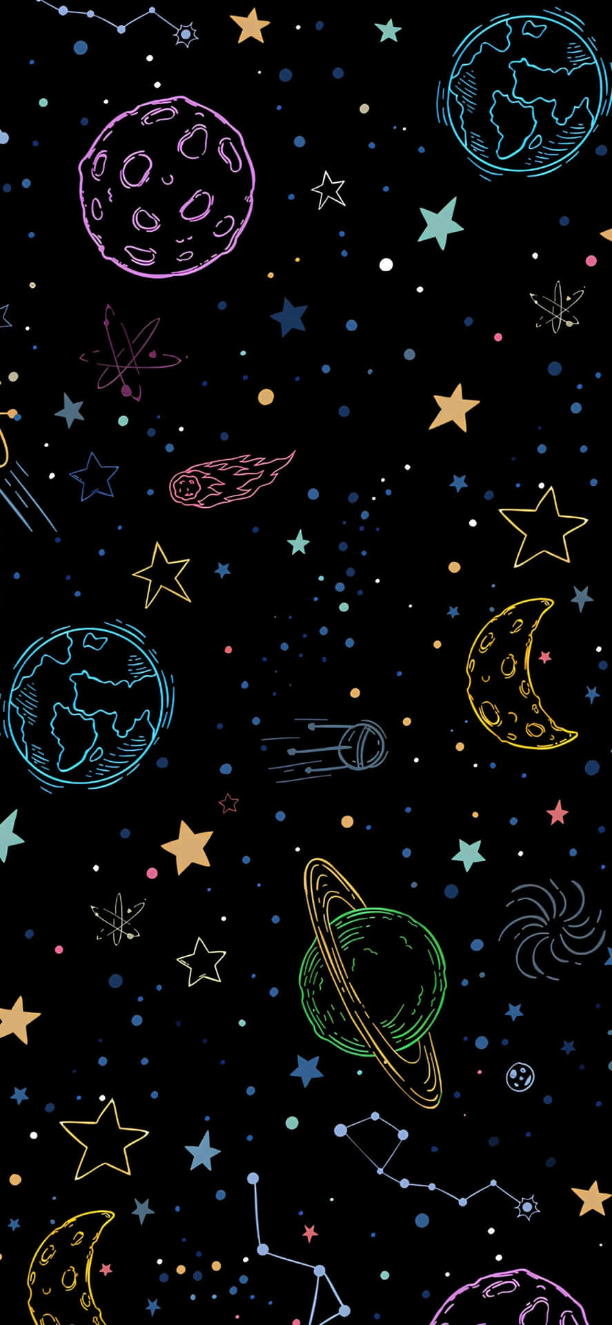  壁紙 — 一個宇宙塗鴉風格的桌布，手繪的行星、星星和星座在黑色背景上發光。