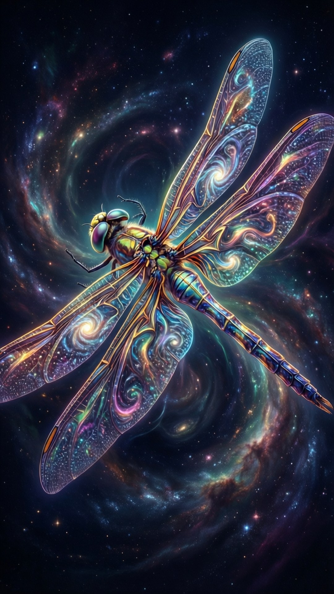 一隻帶有宇宙翅膀的發光蜻蜓，飛過佈滿星星的星系。