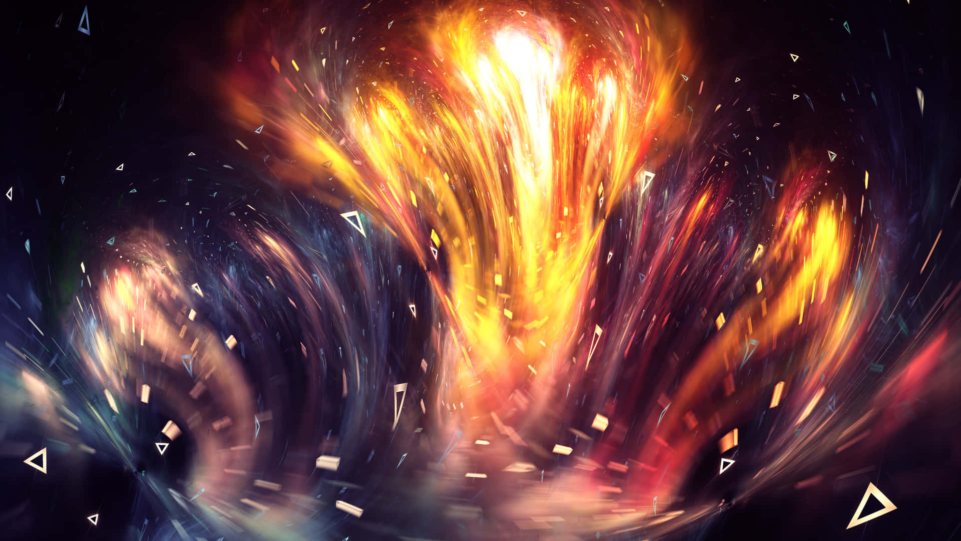  壁紙 — 一場熾熱橙色和金色能量的宇宙爆炸，在黑暗星空背景下向外輻射，並伴有漂浮的幾何形狀。