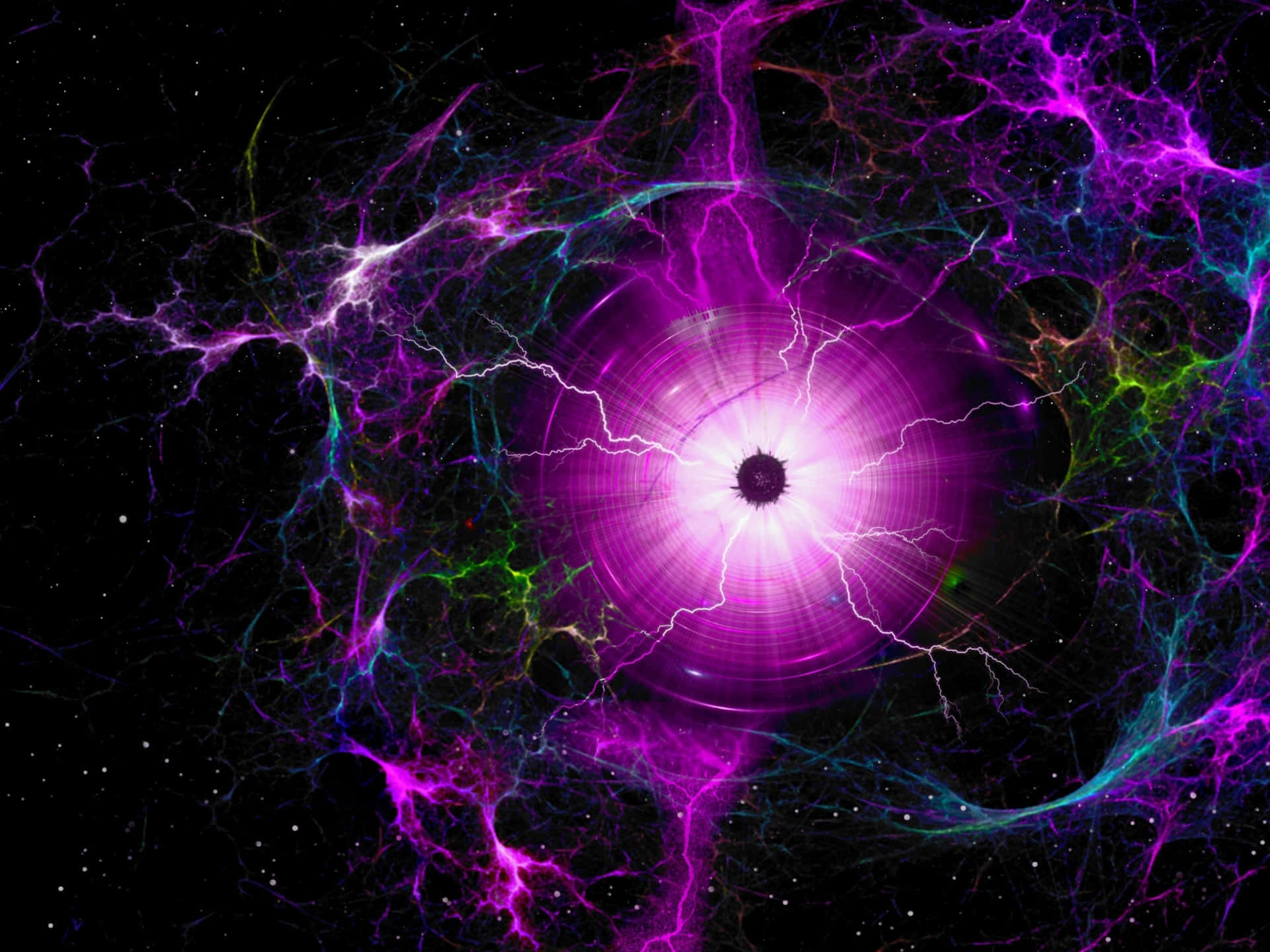 壁紙 — 一個充滿活力的紫色閃電宇宙之眼，在繁星點點的黑色虛空中散發能量，並帶有霓虹分形觸手。
