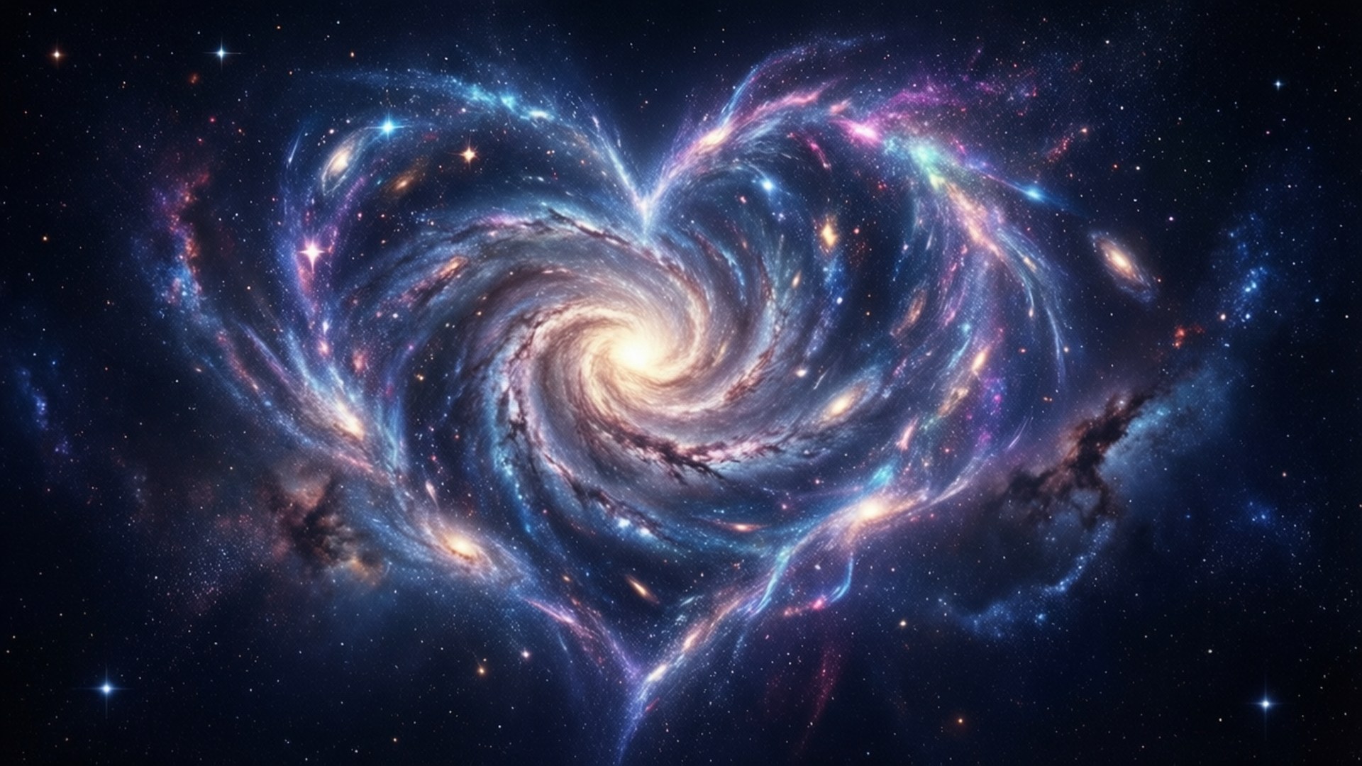 Heart Aura Laptop 桌布 壁紙 — 一個宇宙心形星系在繁星點點的夜空中旋轉，呈現出鮮豔的藍色、紫色和金色。