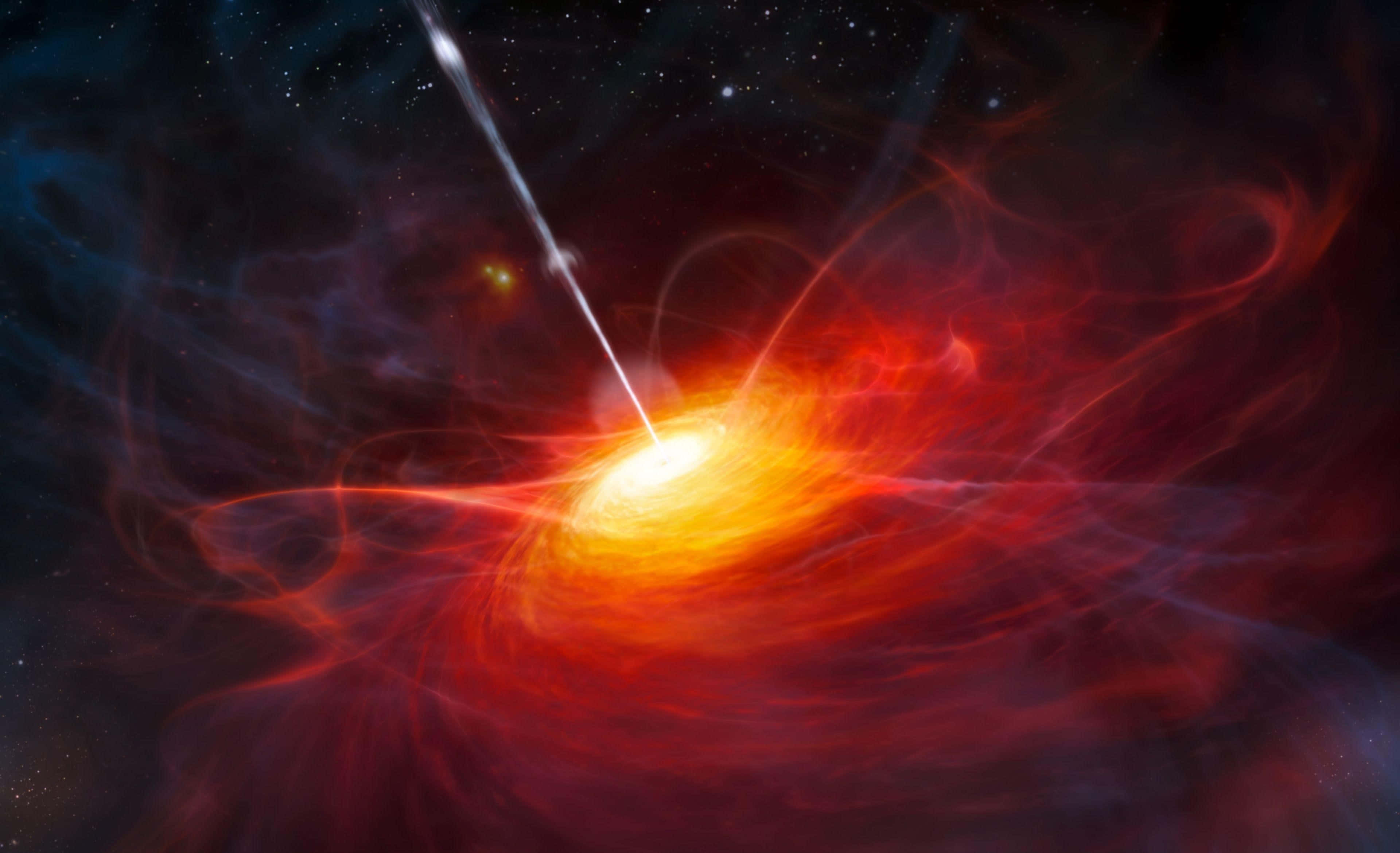 Quasar 桌布 壁紙 — 一道宇宙噴流從一個發光的吸積盤中噴出，該吸積盤在繁星點點的黑暗太空背景下旋轉著火紅和橙色的氣體。