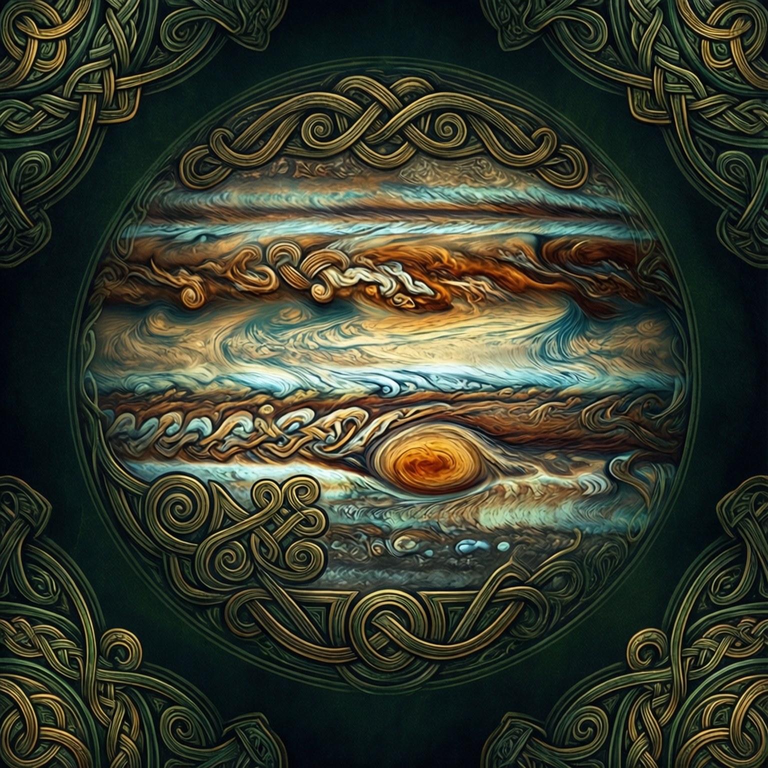Tribal Jupiter Pattern 壁紙 — 一個宇宙木星，鑲嵌在複雜的金色凱爾特結中，背景為深藍綠色。
