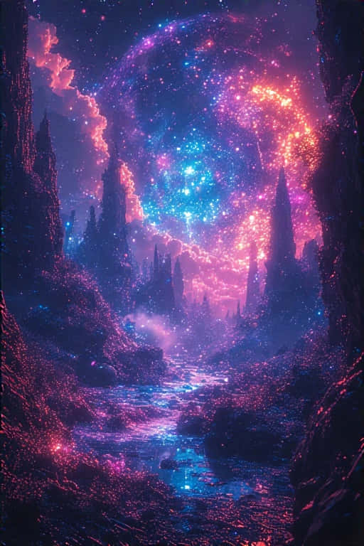 鋸齒狀尖塔峽谷中河流上方發光的宇宙星雲 — 4K 壁紙