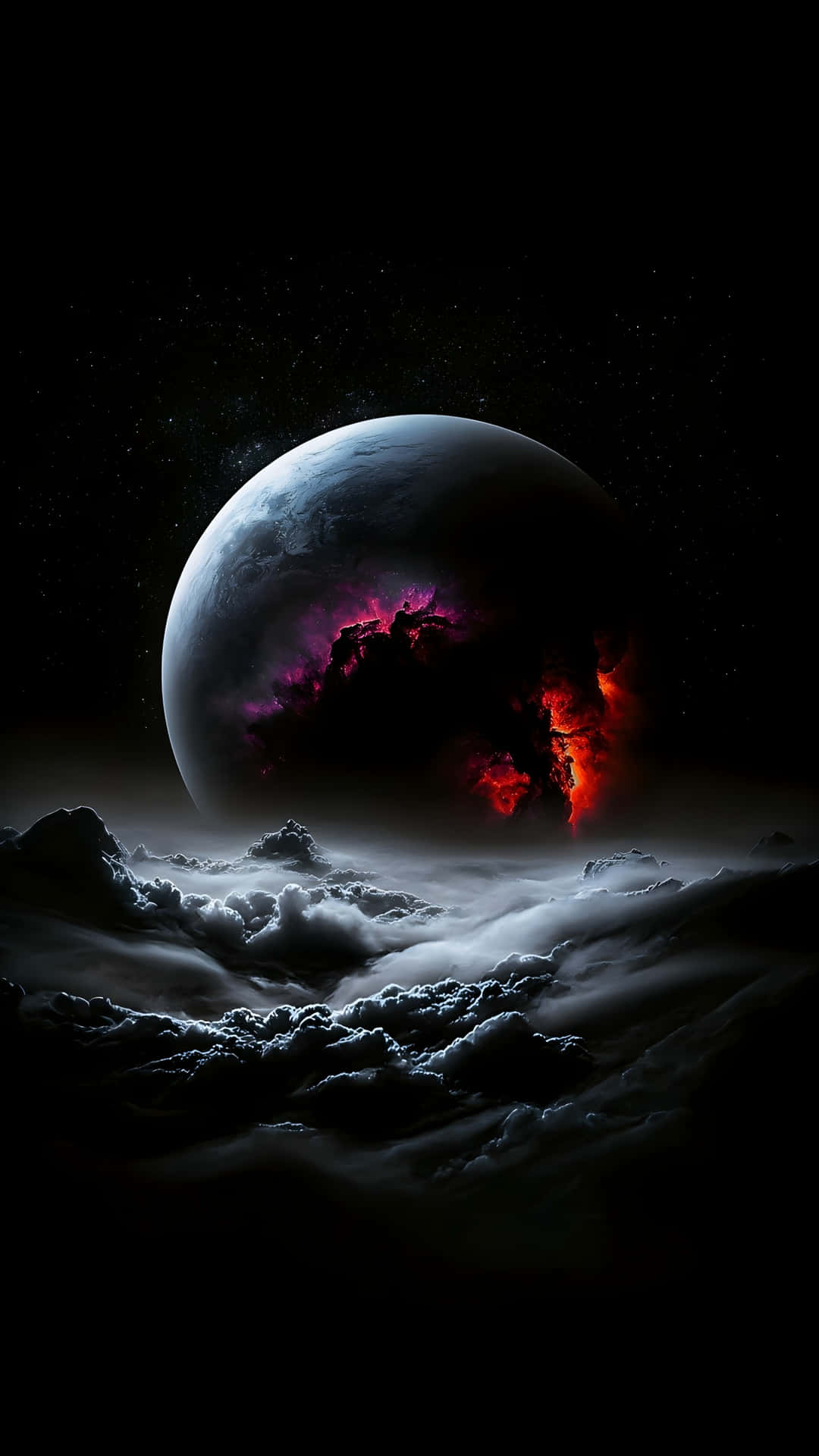  壁紙 — 一顆帶有發光紅色和紫色裂縫的宇宙行星，在星空的虛無中升起於黑暗雲海之上。