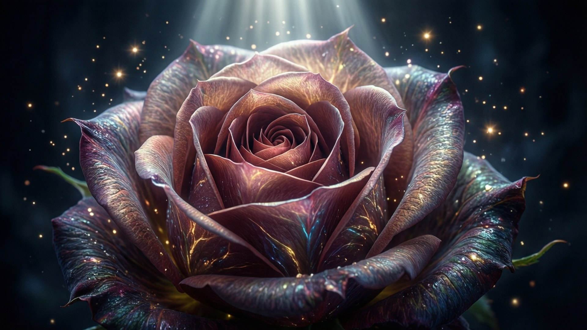 Macro Rose Glowing 壁紙 — 一朵帶有彩虹色花瓣的宇宙玫瑰，在黑暗背景中漂浮的星星之間，在神聖的光芒下閃耀。