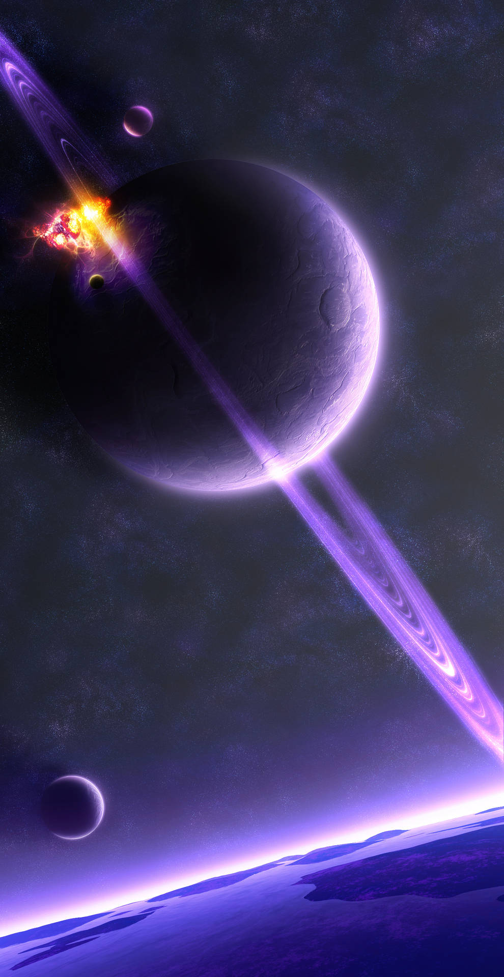 一個帶有發光環的紫色行星，以及太空中的熾熱爆炸。 — 土星 壁紙