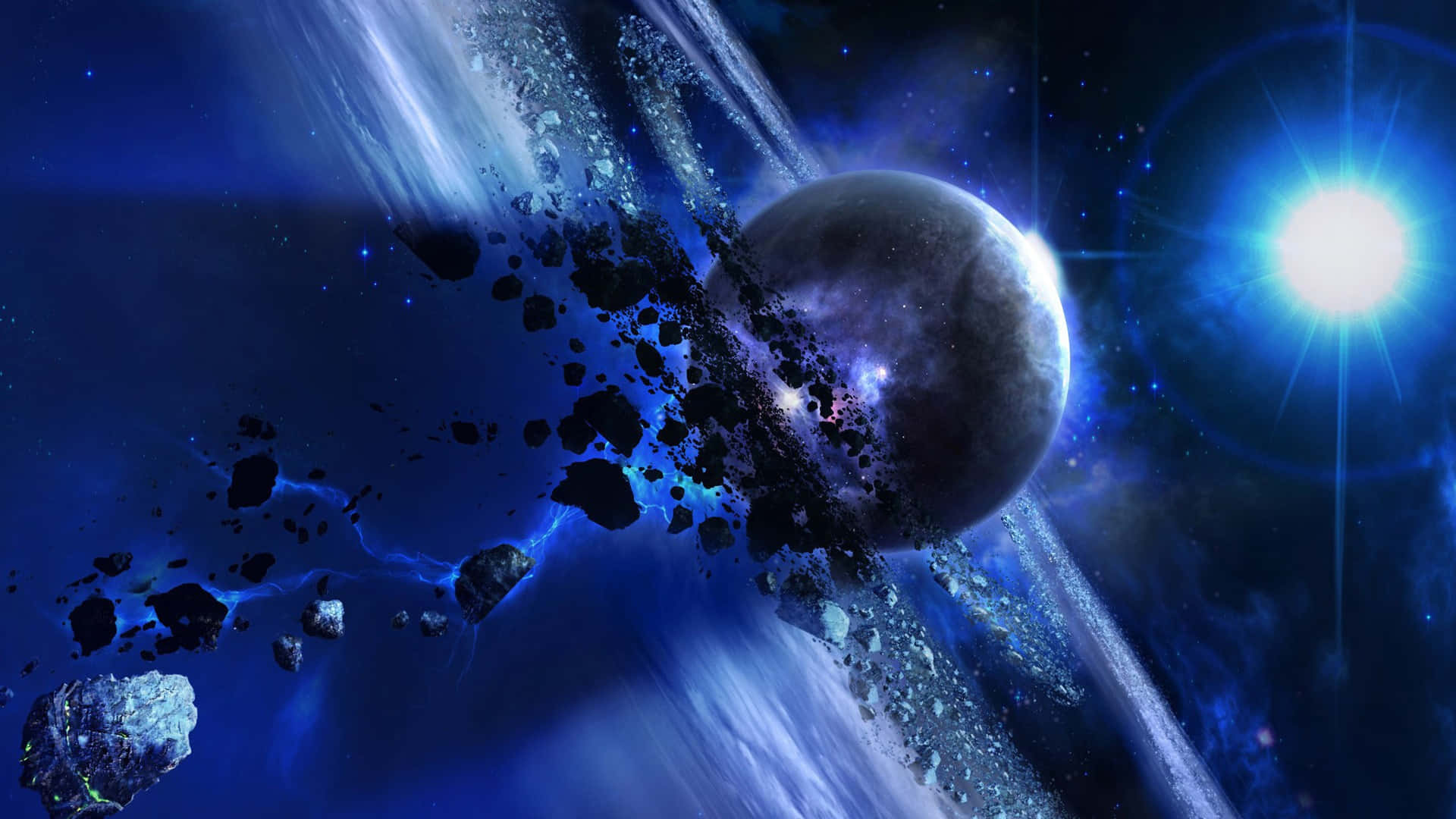  壁紙 — 一個宇宙場景，一顆行星被小行星和發光的藍色星雲包圍，在燦爛的太陽下。