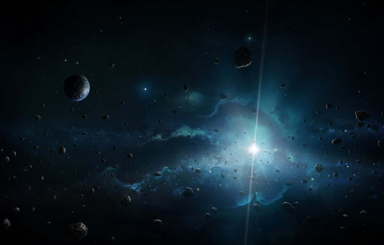 外太空 桌布 壁紙 — 一個宇宙場景，有發光的藍色星雲和漂浮的小行星，被深空中明亮的恆星爆發照亮。