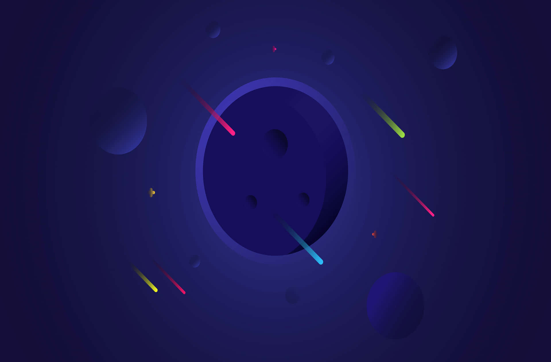  壁紙 — 一個宇宙場景，帶有發光的霓虹條紋和漂浮的球體，背景是深藍色漸變。