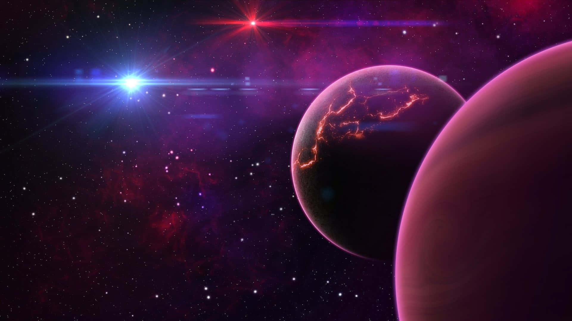  壁紙 — 在深邃太空中，發光行星與鮮豔星雲在燦爛星光下的宇宙場景。