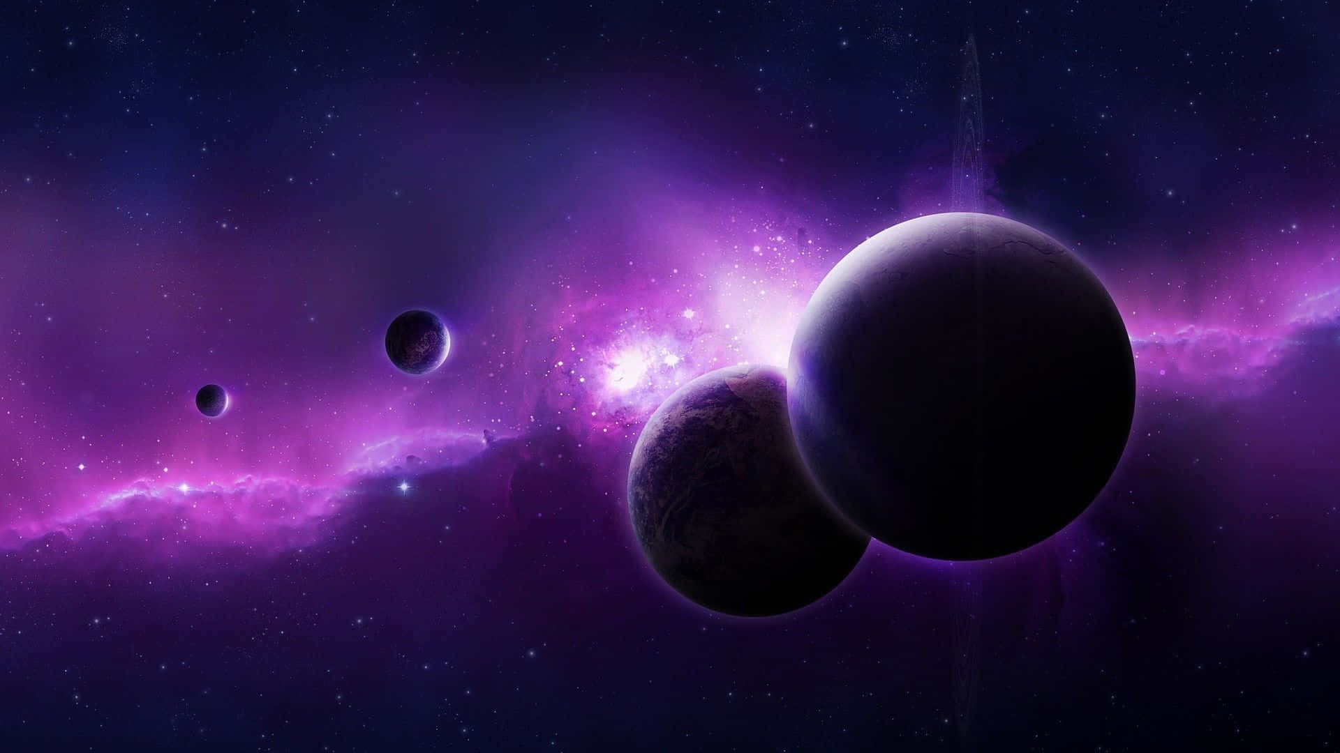 Ambience 桌布 壁紙 — 一個宇宙場景，發光的紫色星雲和黑暗行星漂浮在繁星點點的夜空中。