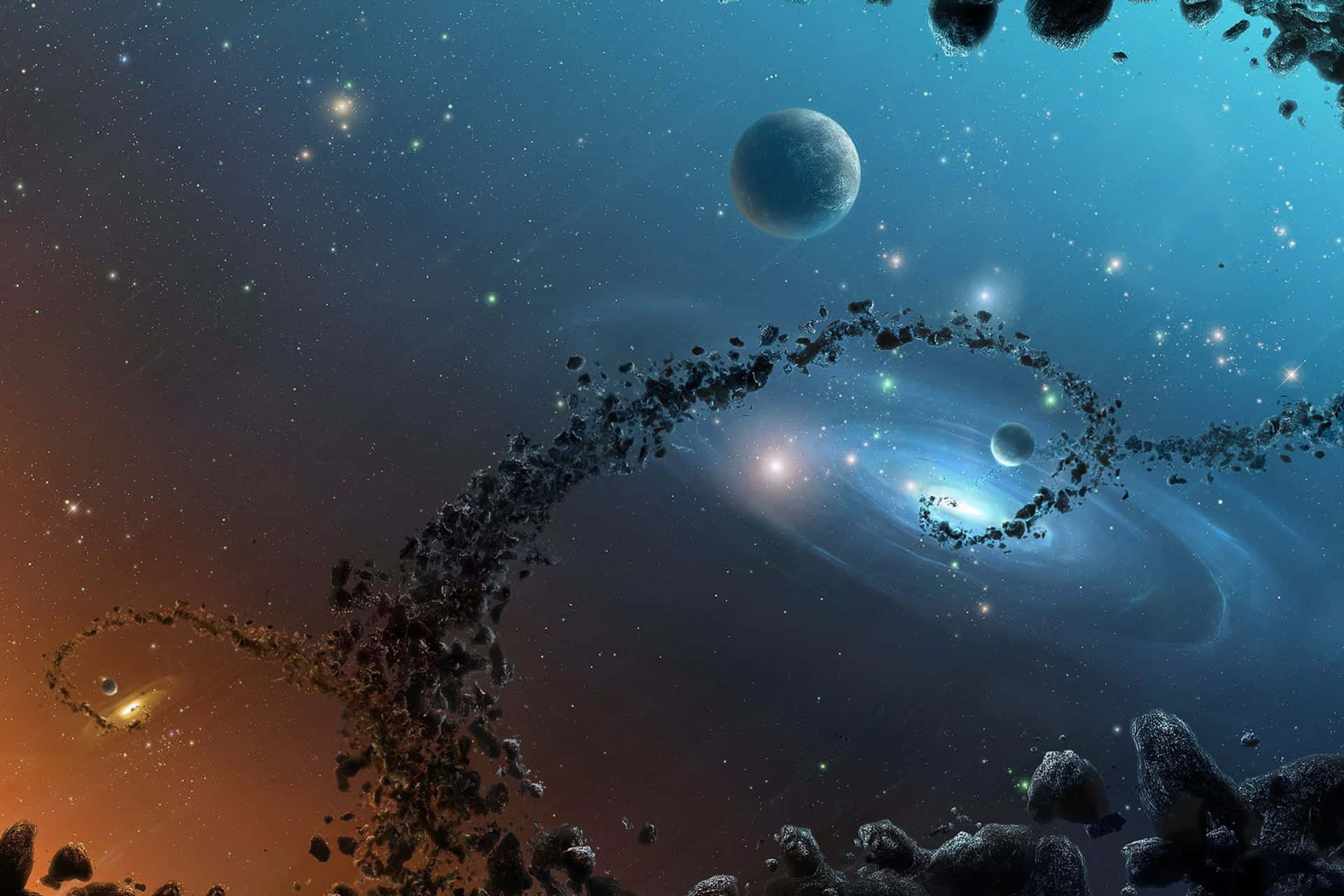  壁紙 — 一個宇宙螺旋星系發出藍色和橙色的光芒，小行星與遙遠的行星一起在星場中漂流。