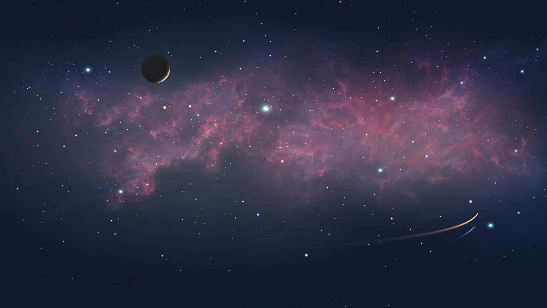  壁紙 — 宇宙景觀，包含發光的粉紅色星雲、散落的星星、黑暗的月亮和彗星尾跡，背景是深藍色天空。