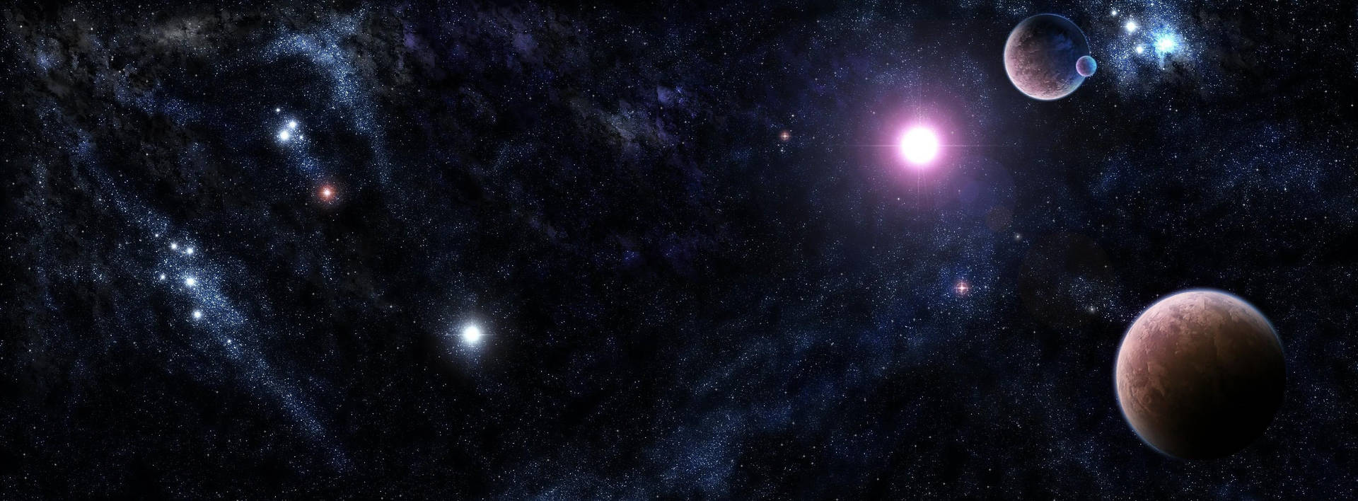 一個充滿活力的宇宙場景，在深空中有發光的星星、行星和星雲。 — 太空 壁紙