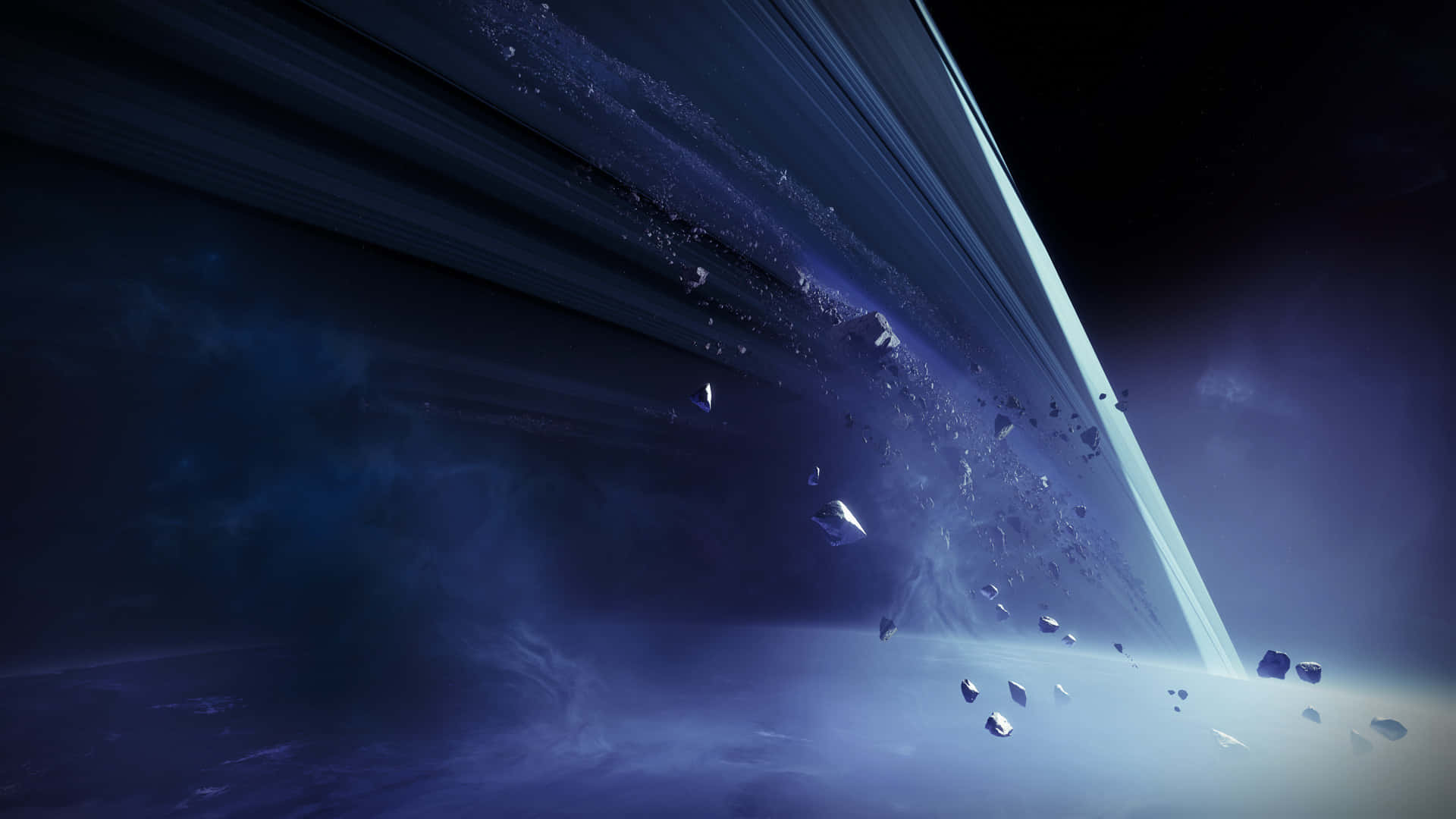  壁紙 — 宇宙景觀，漂浮的小行星和發光的星雲，在深邃太空背景下被輻射光線劃過。