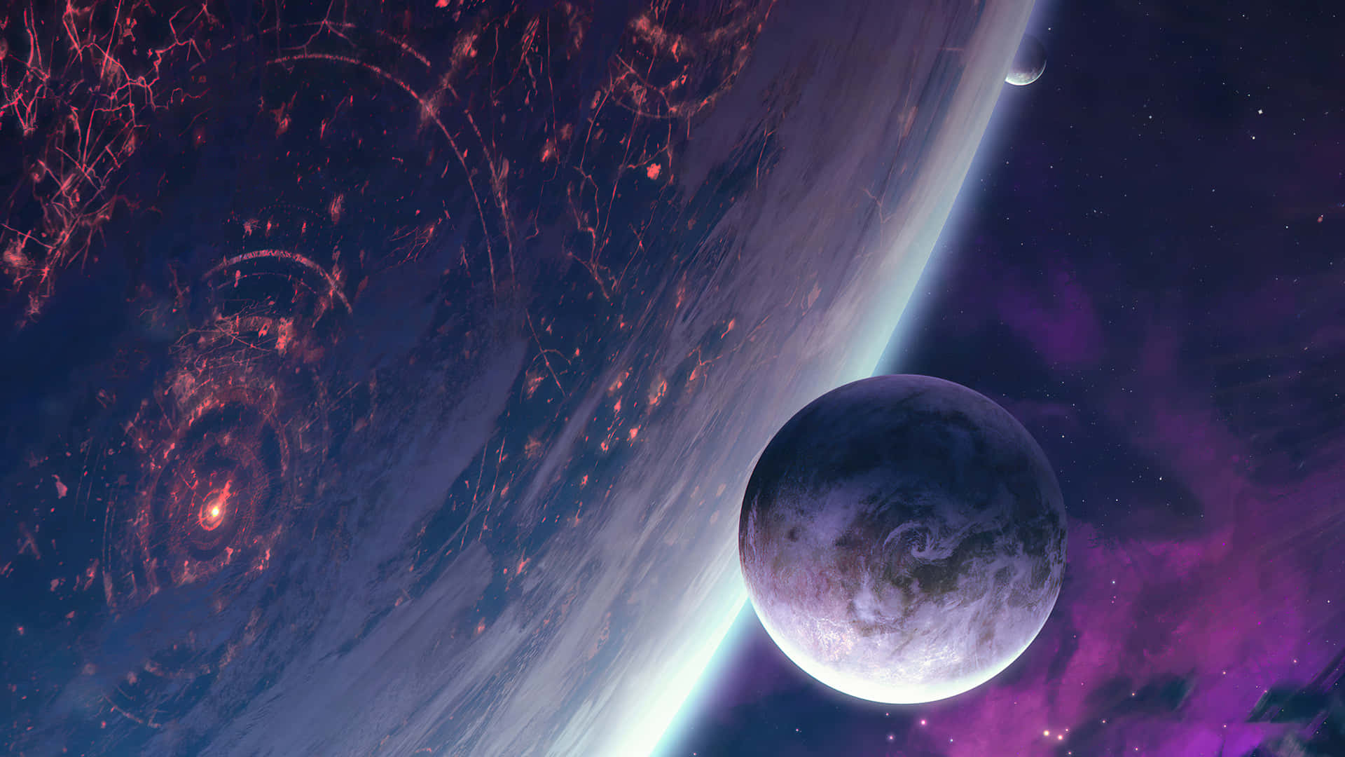 一顆發光的行星，在充滿恆星的彩色星雲中有旋轉的雲層。 — 3D 壁紙