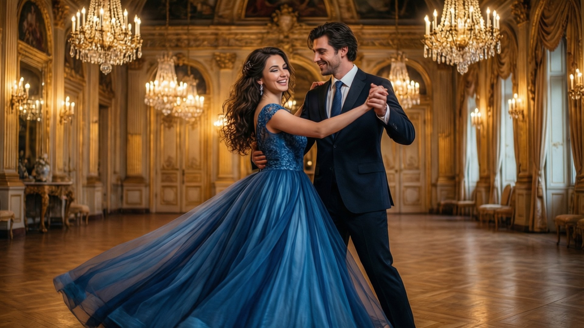 Ballroom Dance 壁紙 — 一對情侶在一個華麗的舞廳中跳舞，舞廳有吊燈和華麗的金色裝飾，在溫暖的燈光下。
