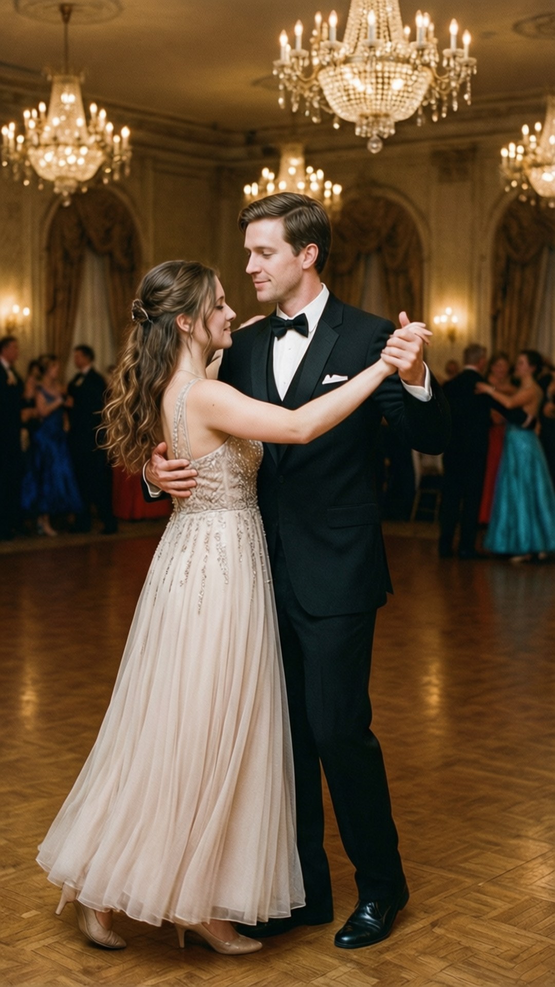 Elijah and Hayley Dance 壁紙 — 一對情侶在華麗的舞廳中，在閃爍的水晶燈下親密起舞，背景有其他賓客。