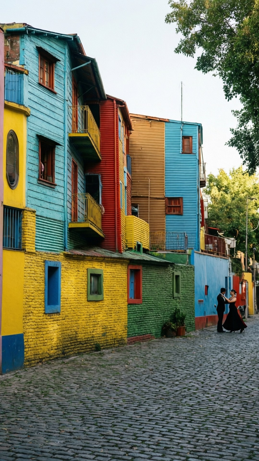 La Boca Streets 壁紙 — 一對情侶在鵝卵石街道上跳舞，旁邊是色彩繽紛的房屋，在晴朗的天空下。