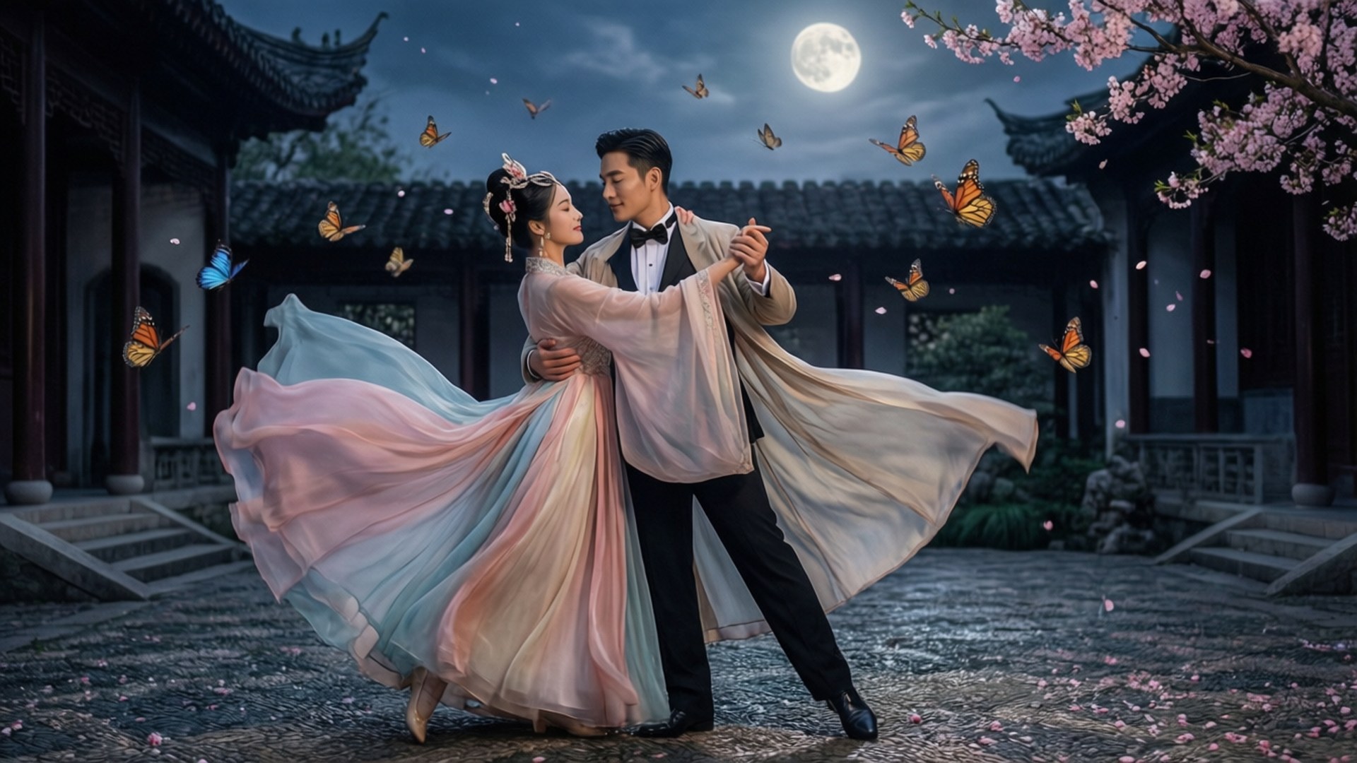 Moonlit Dance 壁紙 — 一對情侶在滿月下於傳統庭院中跳舞，蝴蝶在他們周圍飛舞。