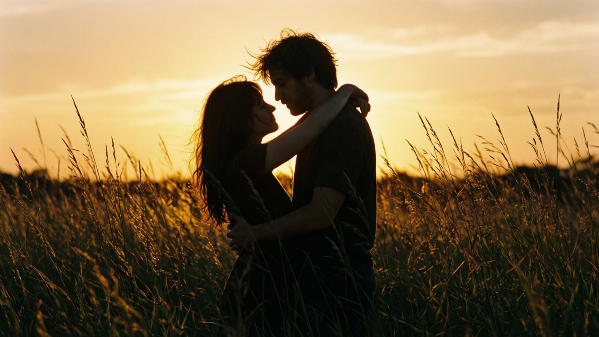 Embrace at Sunset 壁紙 — 一對情侶在金色夕陽下的高草叢中相擁，形成剪影。