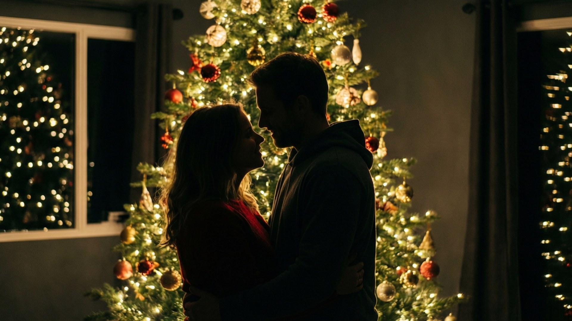 Romantic Tree Hug 壁紙 — 一對情侶以剪影形式擁抱，背景是裝飾著紅色、金色和白色飾品的明亮聖誕樹。