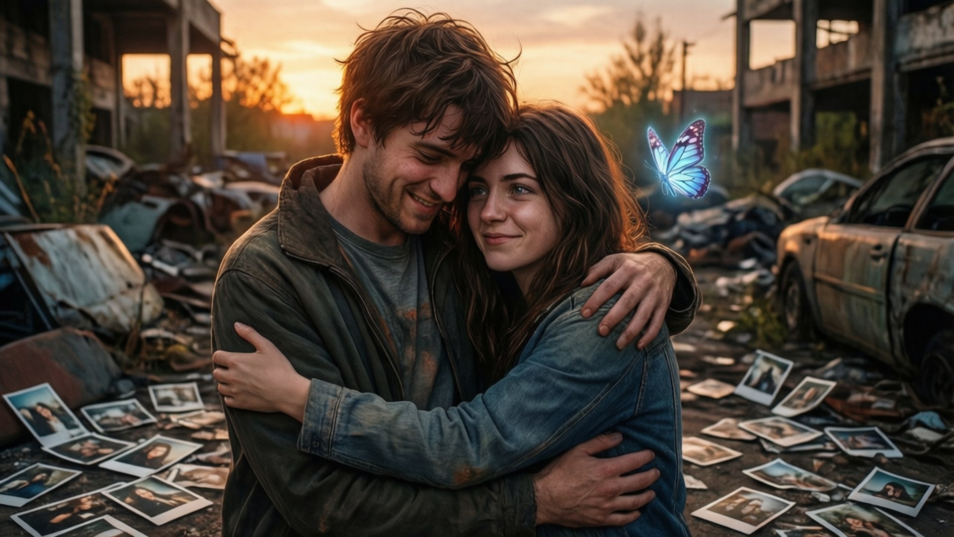 Junkyard Embrace 壁紙 — 一對情侶在廢墟般的城市景觀中溫柔擁抱，一隻發光的藍色蝴蝶在他們頭頂附近盤旋。