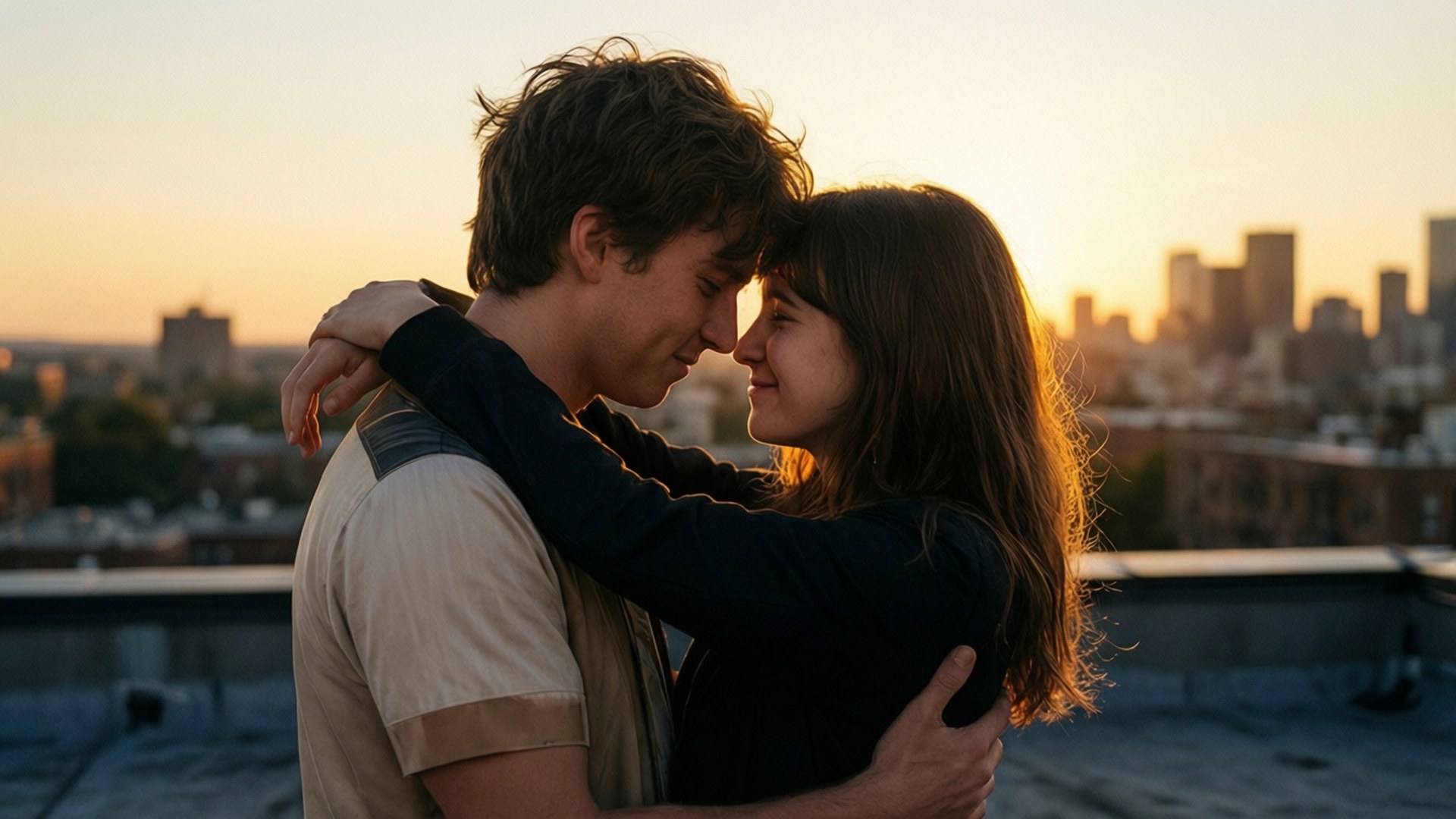 Rooftop Sunset Embrace 壁紙 — 一對情侶在屋頂上溫柔擁抱，金色夕陽映照他們的臉龐，背景是城市天際線。