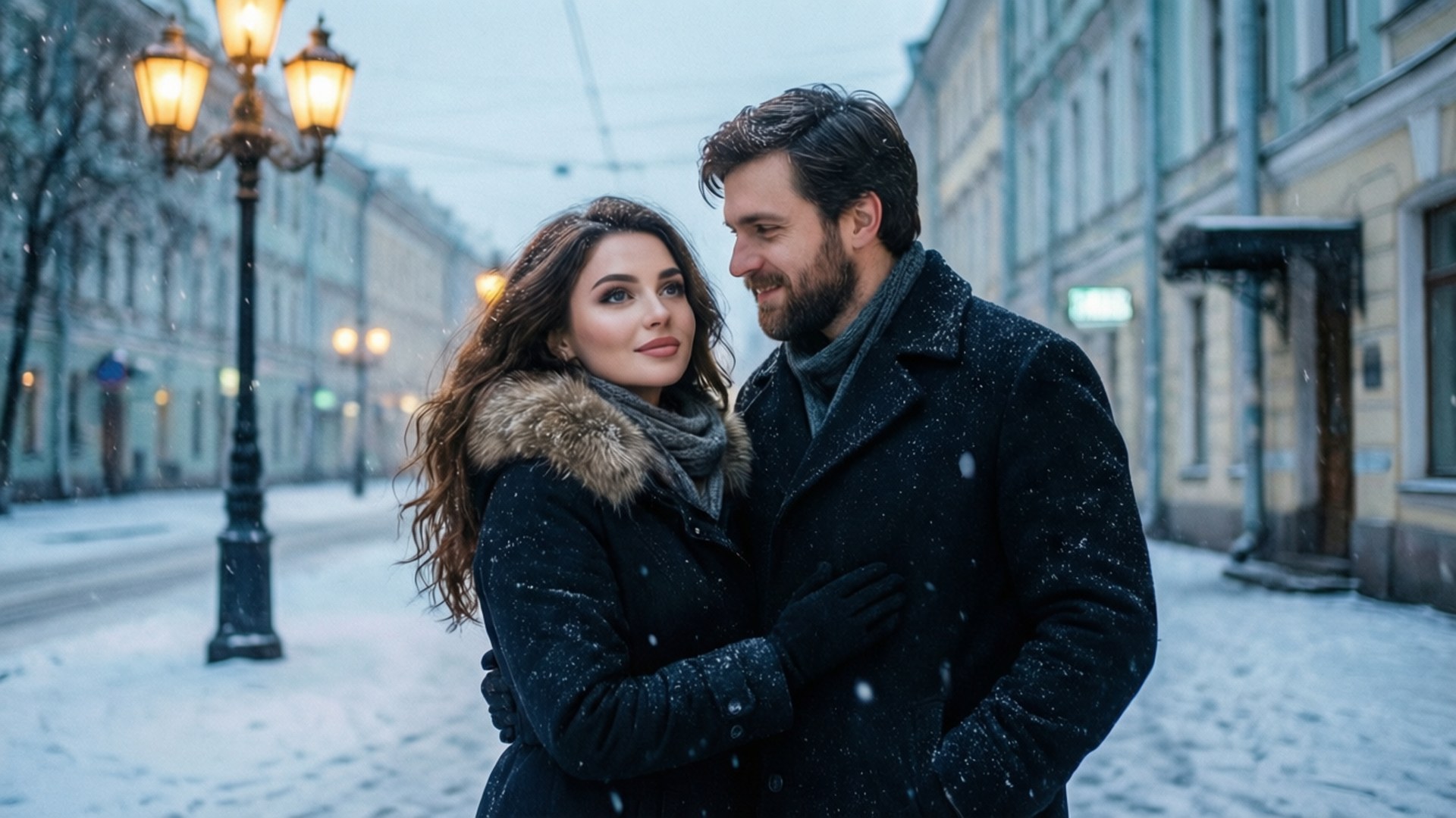 Anastasia Musical 桌布 壁紙 — 一對情侶在飄雪中溫暖擁抱，背景是寧靜的冬季街道，由發光的復古路燈照亮。