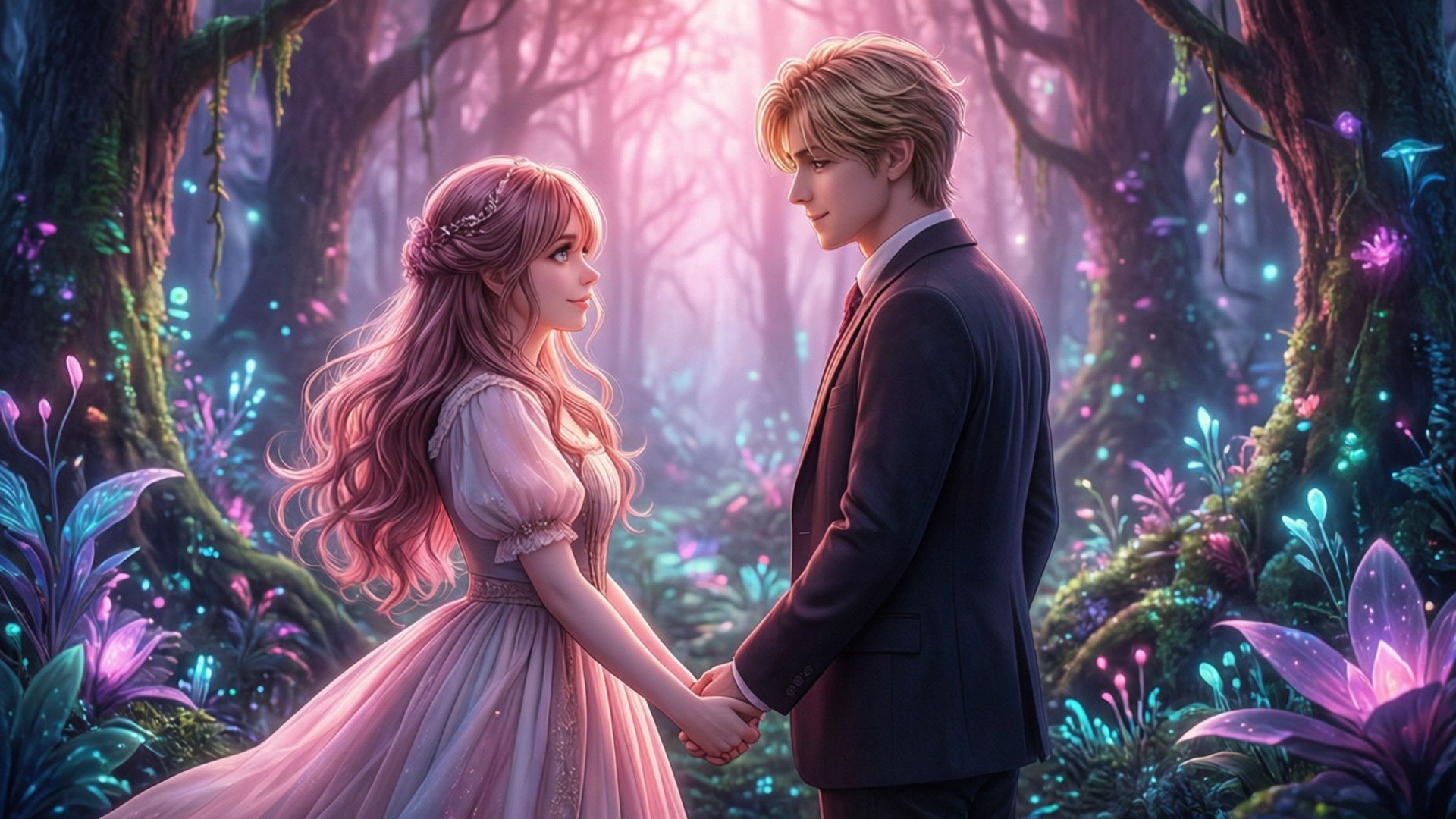 Luz and Amity Romance 壁紙 — 一對情侶在神秘森林中牽手，森林在柔和粉紅光下閃爍著紫色和藍色的生物發光植物。