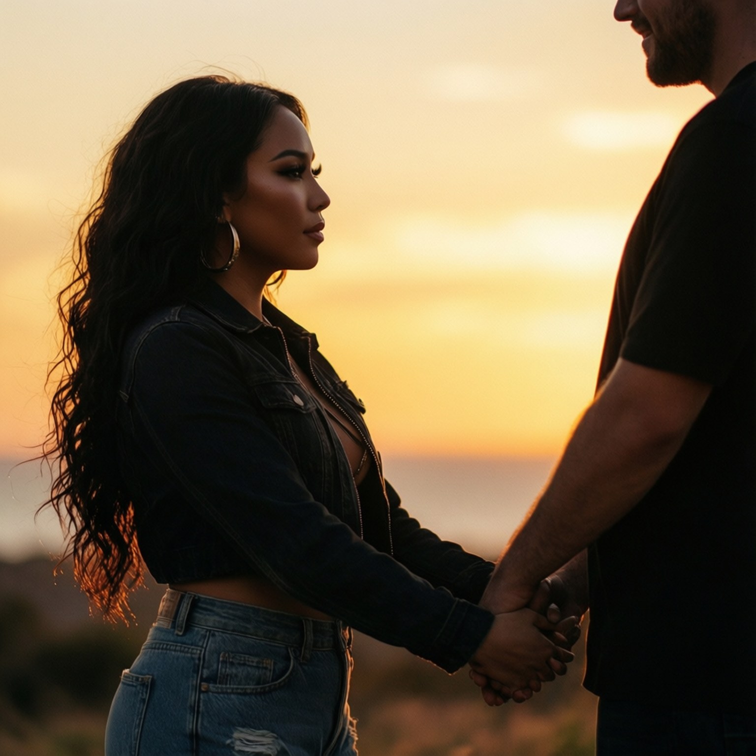 Romantic Sunset 壁紙 — 一對情侶在海洋上溫暖的金色日落中牽手剪影。