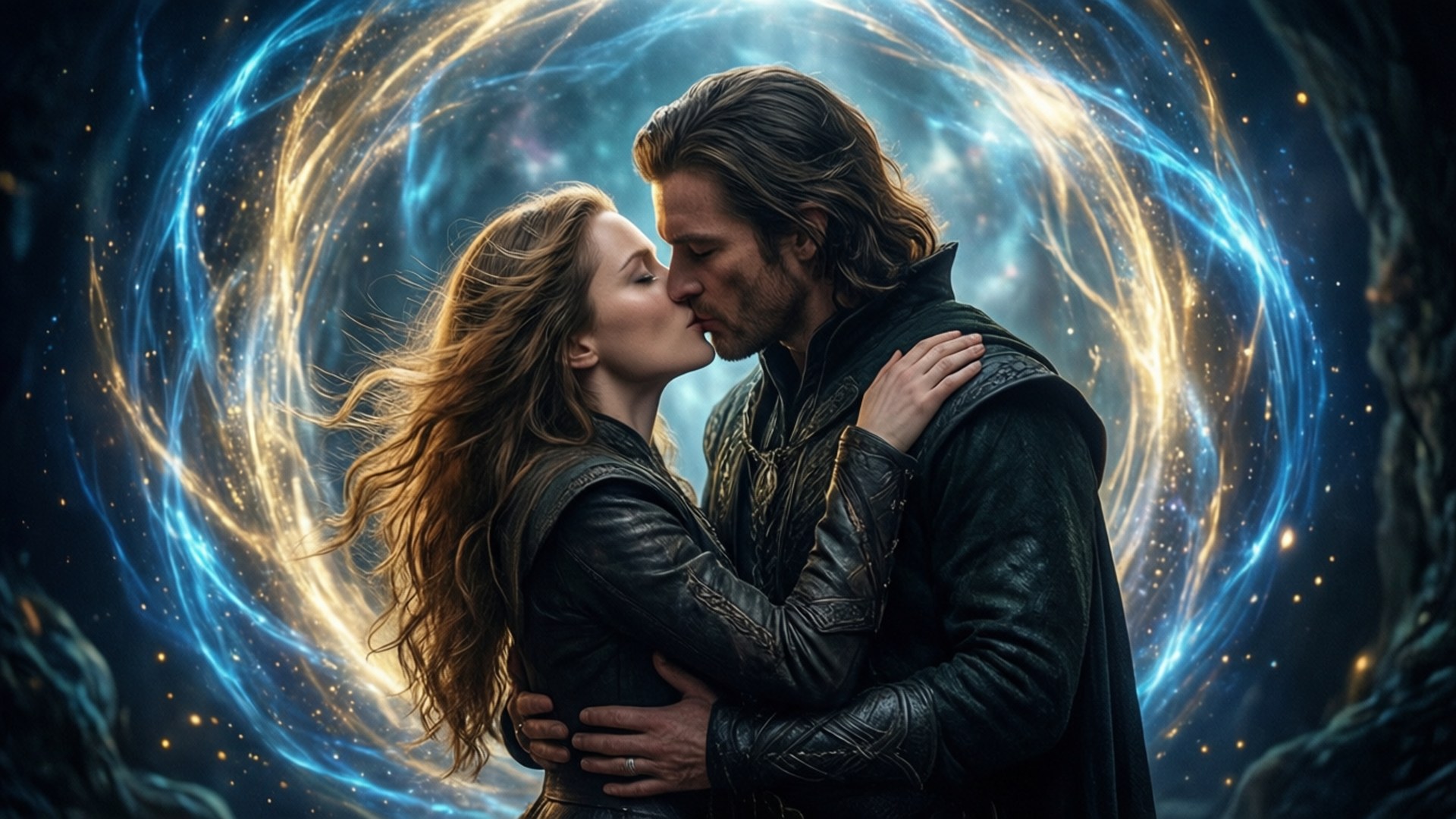 True Love's Kiss 壁紙 — 一對穿著黑暗奇幻服裝的情侶在藍色和金色光芒的漩渦宇宙漩渦中熱情接吻。