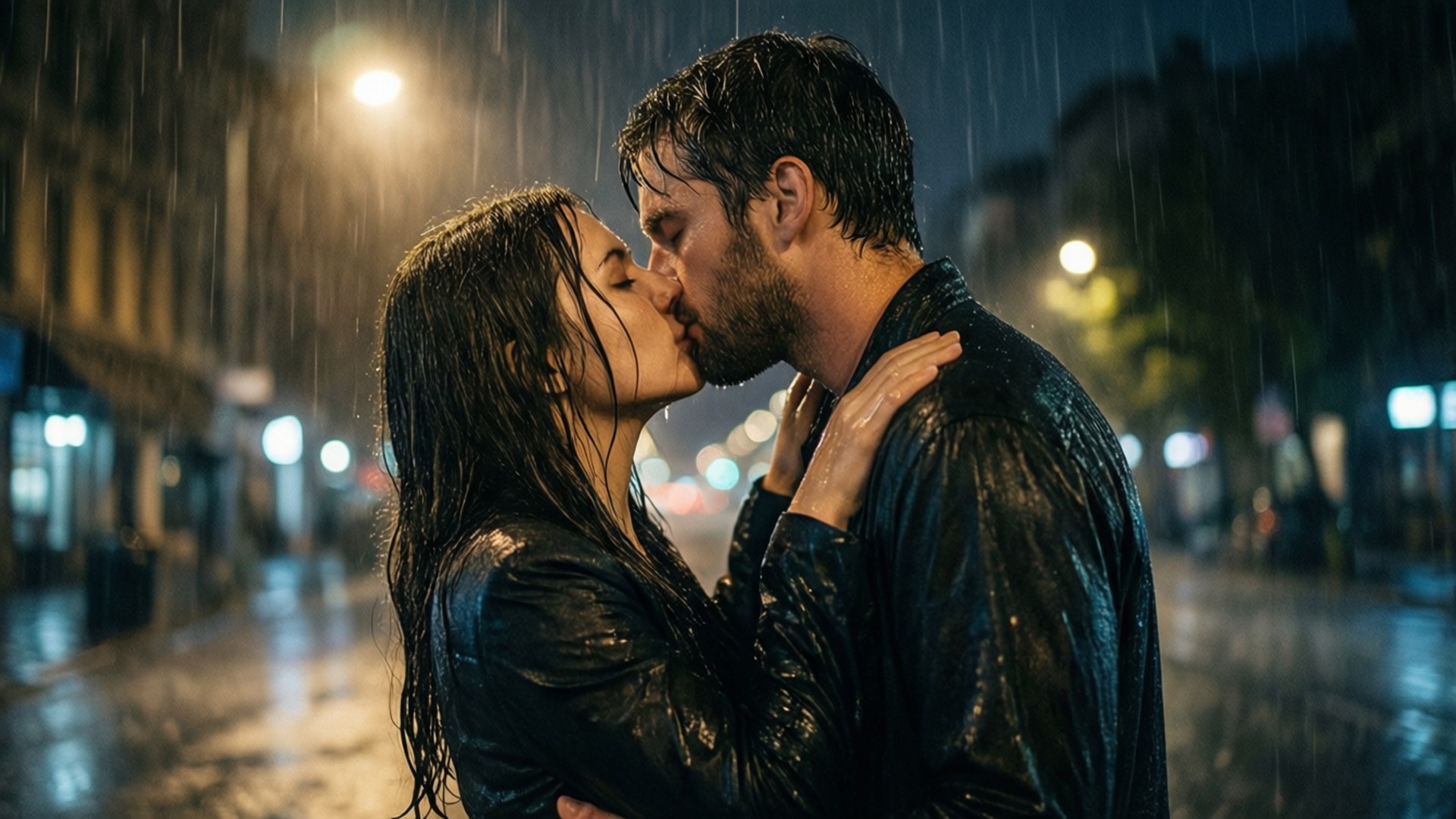 Rainy Kiss 壁紙 — 一對情侶在雨濕的街燈下，在濕漉漉的城市人行道上熱情接吻。