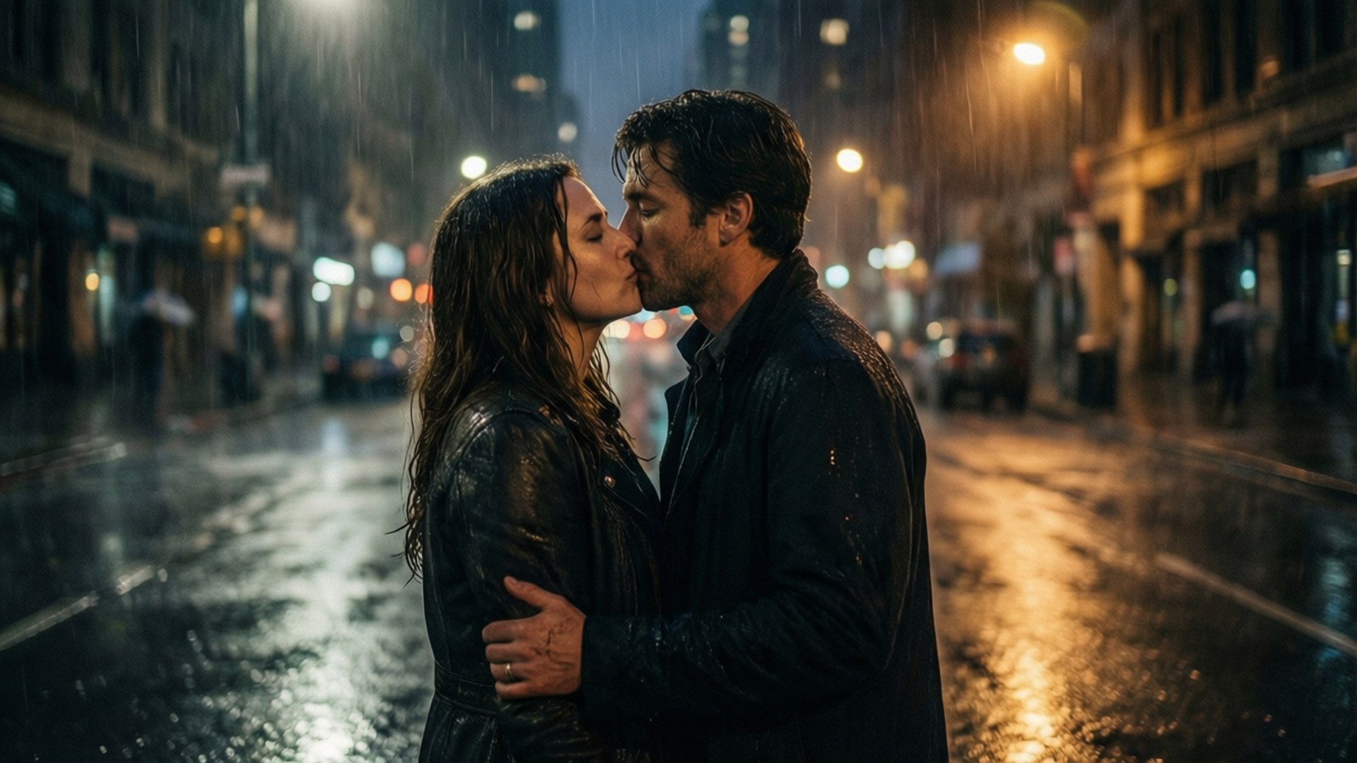 Tris and Four Rain Kiss 壁紙 — 一對情侶在雨濕的街燈下，在濕漉漉的城市街道上熱情接吻。