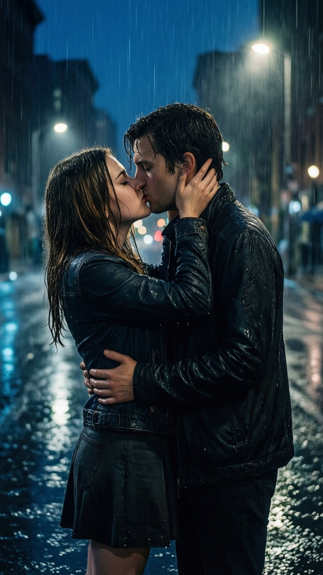 Rain Kiss 壁紙 — 一對情侶在雨淋濕的街燈下，在濕漉漉的城市街道上熱情接吻。