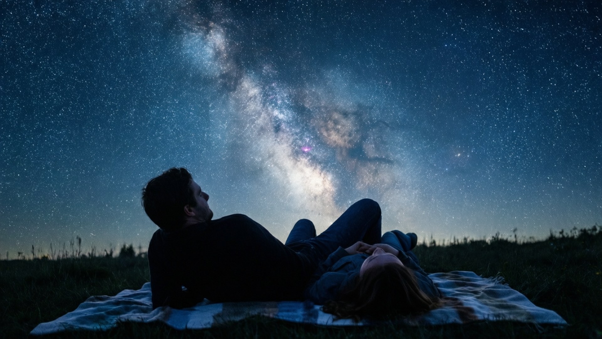 Stargazing Together 壁紙 — 一對情侶躺在毯子上，仰望橫跨繁星點點夜空的銀河系。