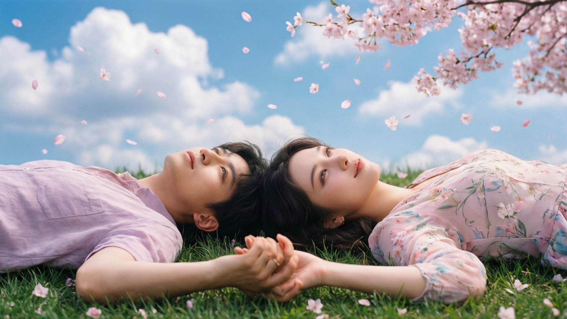 Grass and Cherry Blossoms 壁紙 — 一對情侶並排躺在櫻花樹下的草地上，花瓣在明亮的藍天下飄落。