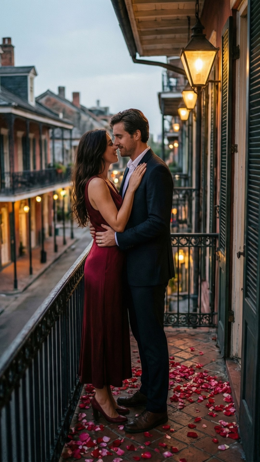 Romantic Balcony Embrace 壁紙 — 一對情侶在一個歷史悠久的陽台上，在溫暖的燈籠光下，親吻，陽台上散落著紅玫瑰花瓣。