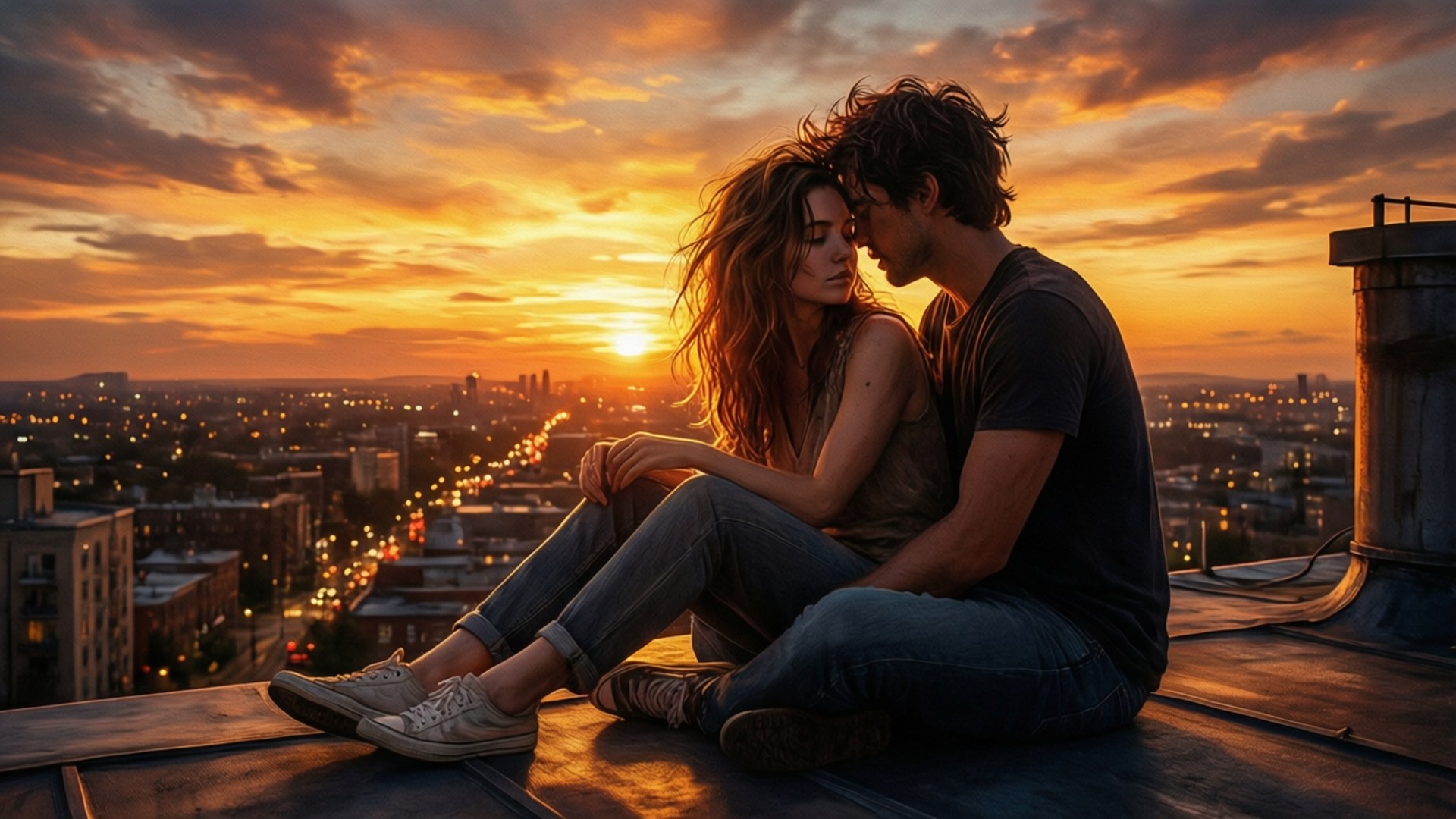Rooftop Sunset Silhouette 壁紙 — 一對情侶在日落時分緊靠著坐在屋頂上，俯瞰沐浴在金橙色光中的城市景觀。