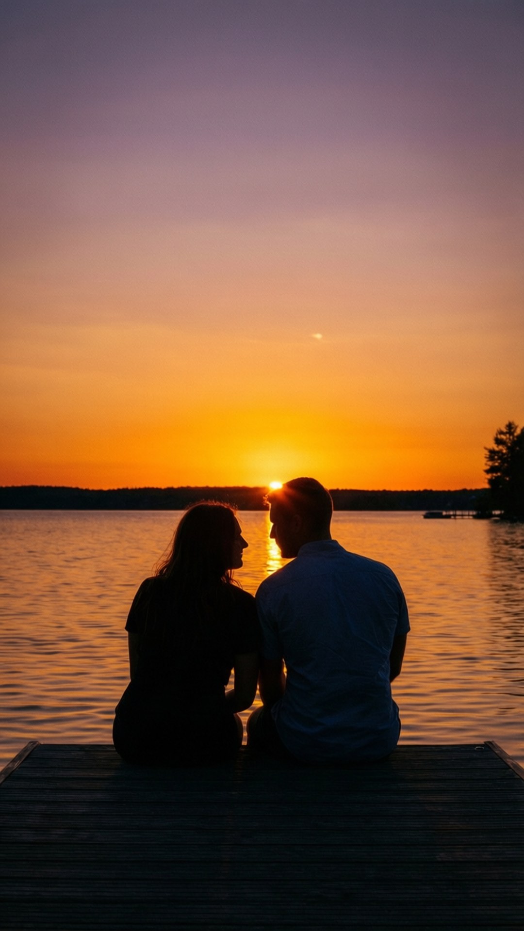 Couple on Dock Sunset 壁紙 — 一對情侶並排坐在木碼頭上，觀賞日落於平靜的湖面，天空呈現鮮豔的橙色和紫色。