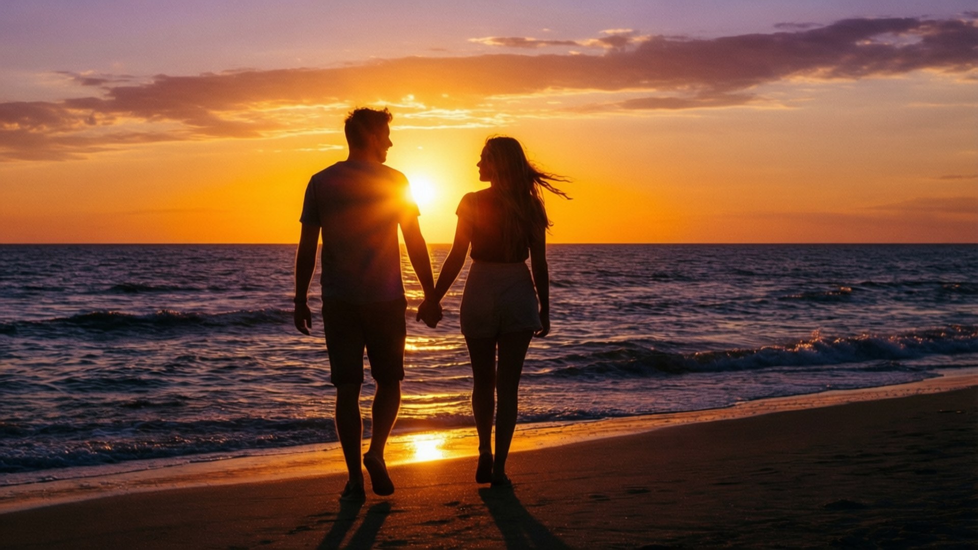 Beach Sunset Couple 壁紙 — 一對情侶手牽手沿著沙灘漫步，夕陽西下，金色的光芒在濕沙上投下長長的影子。