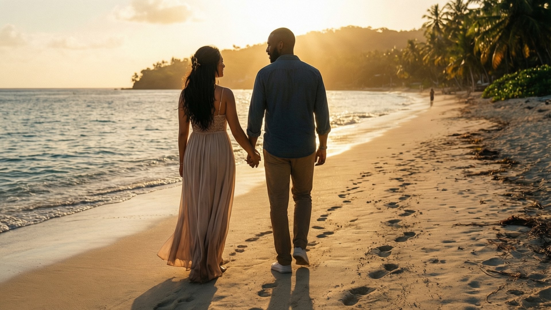 Romantic Stroll 壁紙 — 一對情侶手牽手在日落時分沿著陽光普照的海灘漫步，背景有棕櫚樹和海洋波浪。