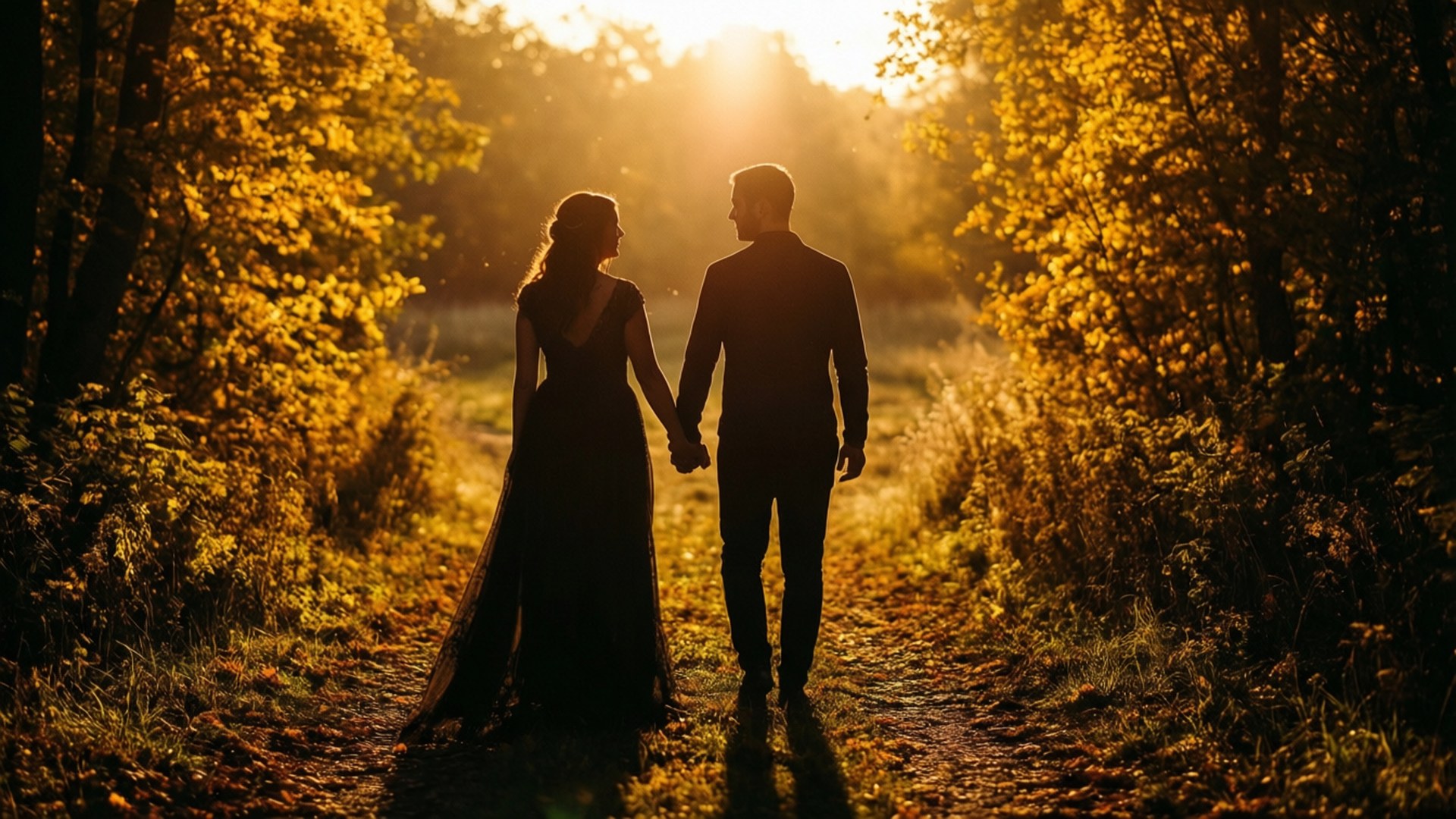 Couple Walk at Sunset 壁紙 — 一對情侶手牽手走在陽光普照的森林小徑上，正值黃金時刻，周圍的樹葉閃爍著琥珀色的光芒。