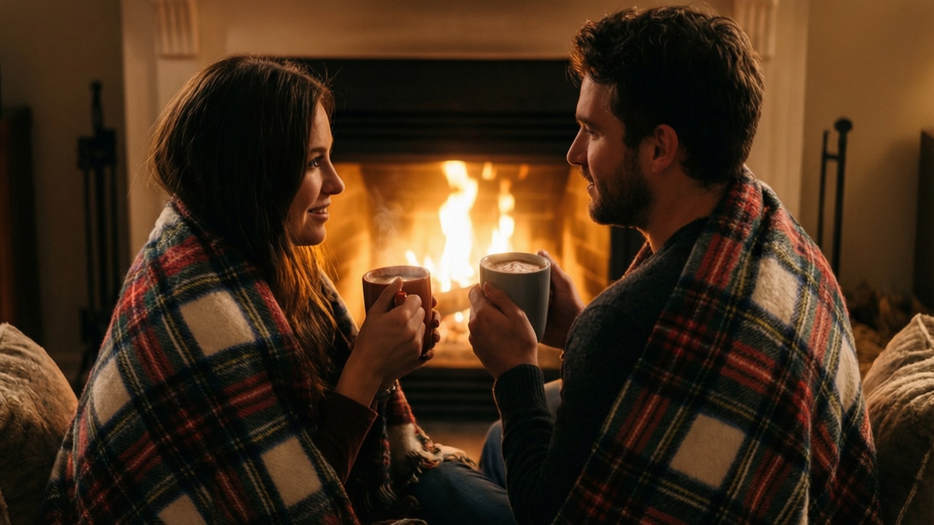Couple by Fireplace 壁紙 — 一對情侶裹著格紋毯，在發光的壁爐前微笑著手持杯子。