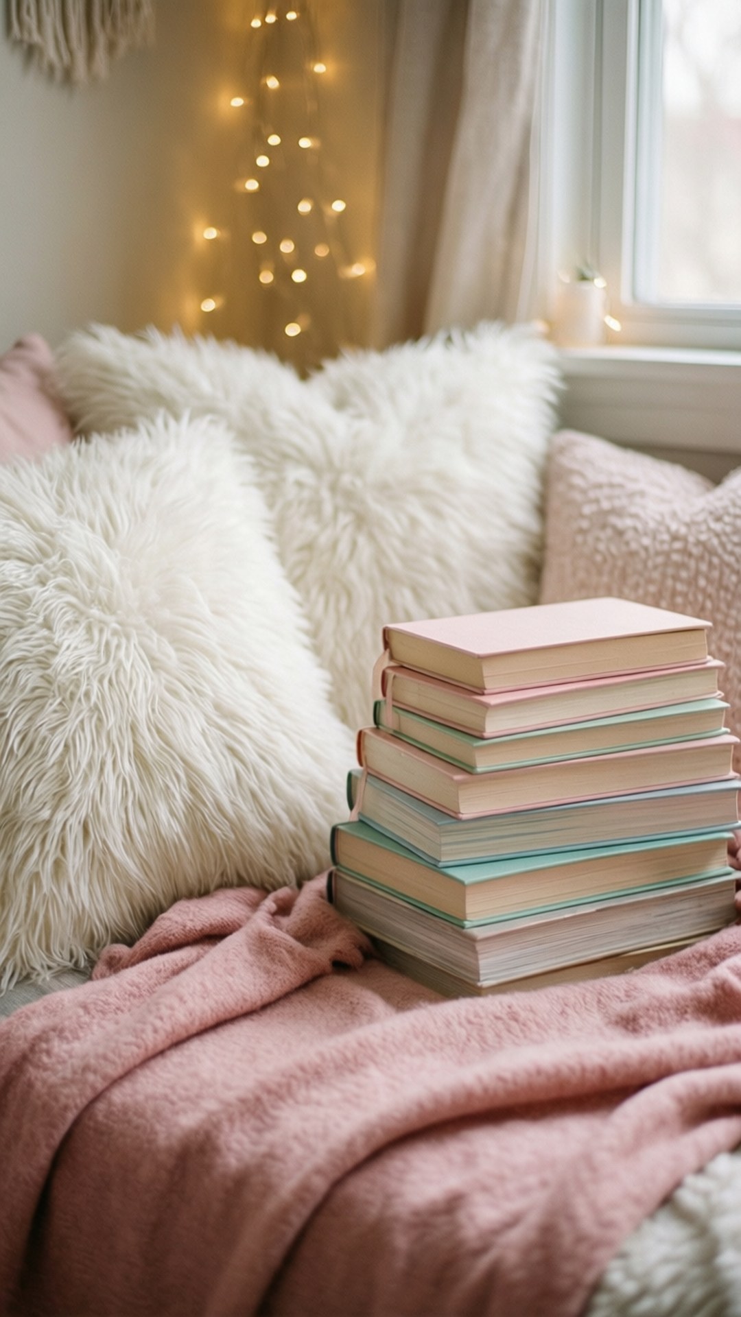 Cozy Reading Corner 壁紙 — 一張舒適的床，配有蓬鬆的白色枕頭和粉紅色毯子，在窗邊溫暖的仙女燈下放著一堆粉彩書。