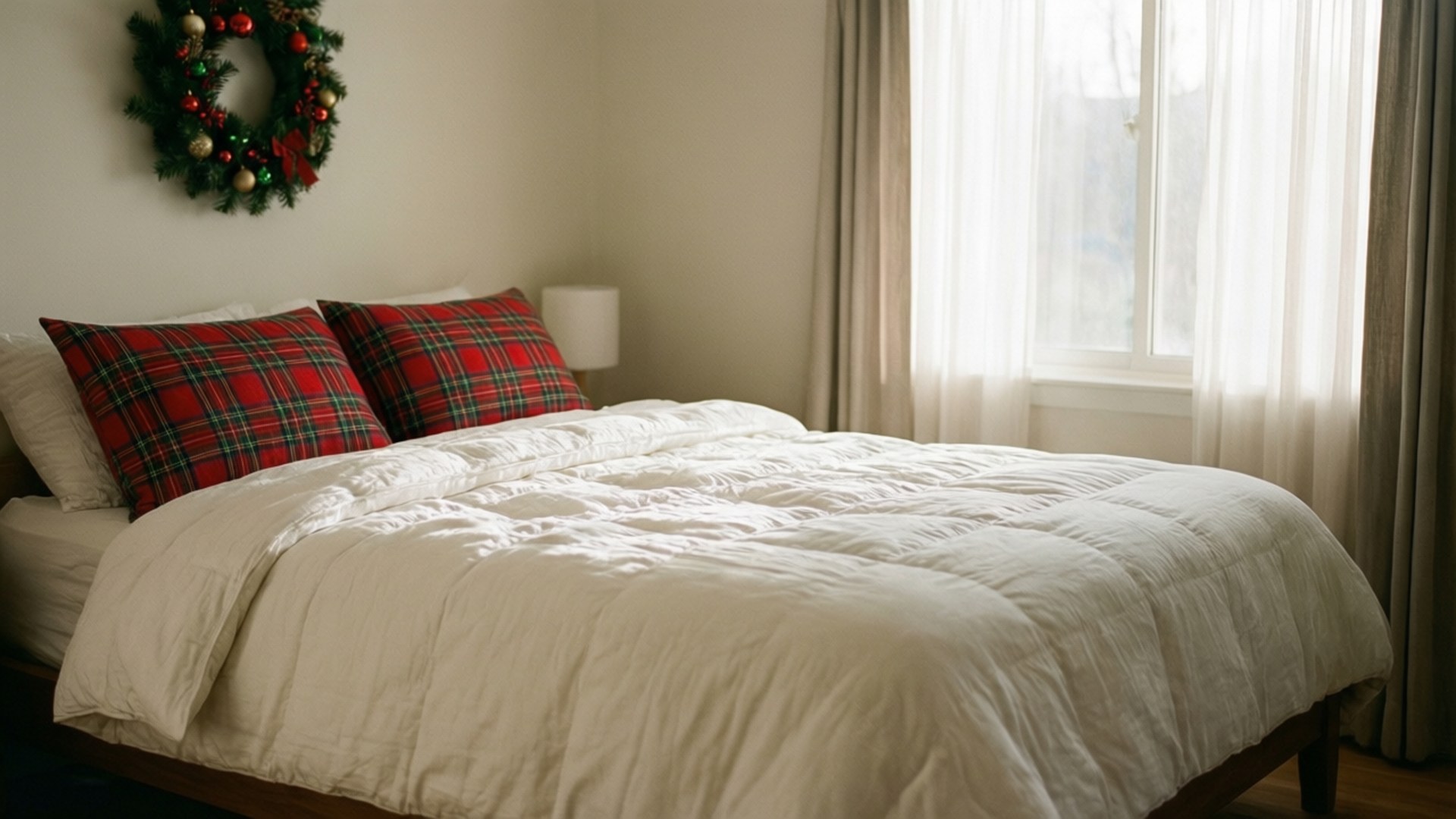 Cozy Bedroom Morning 壁紙 — 舒適的臥室床，配有白色羽絨被和紅色格子枕頭，在柔和窗光下，牆上掛著節日花環。