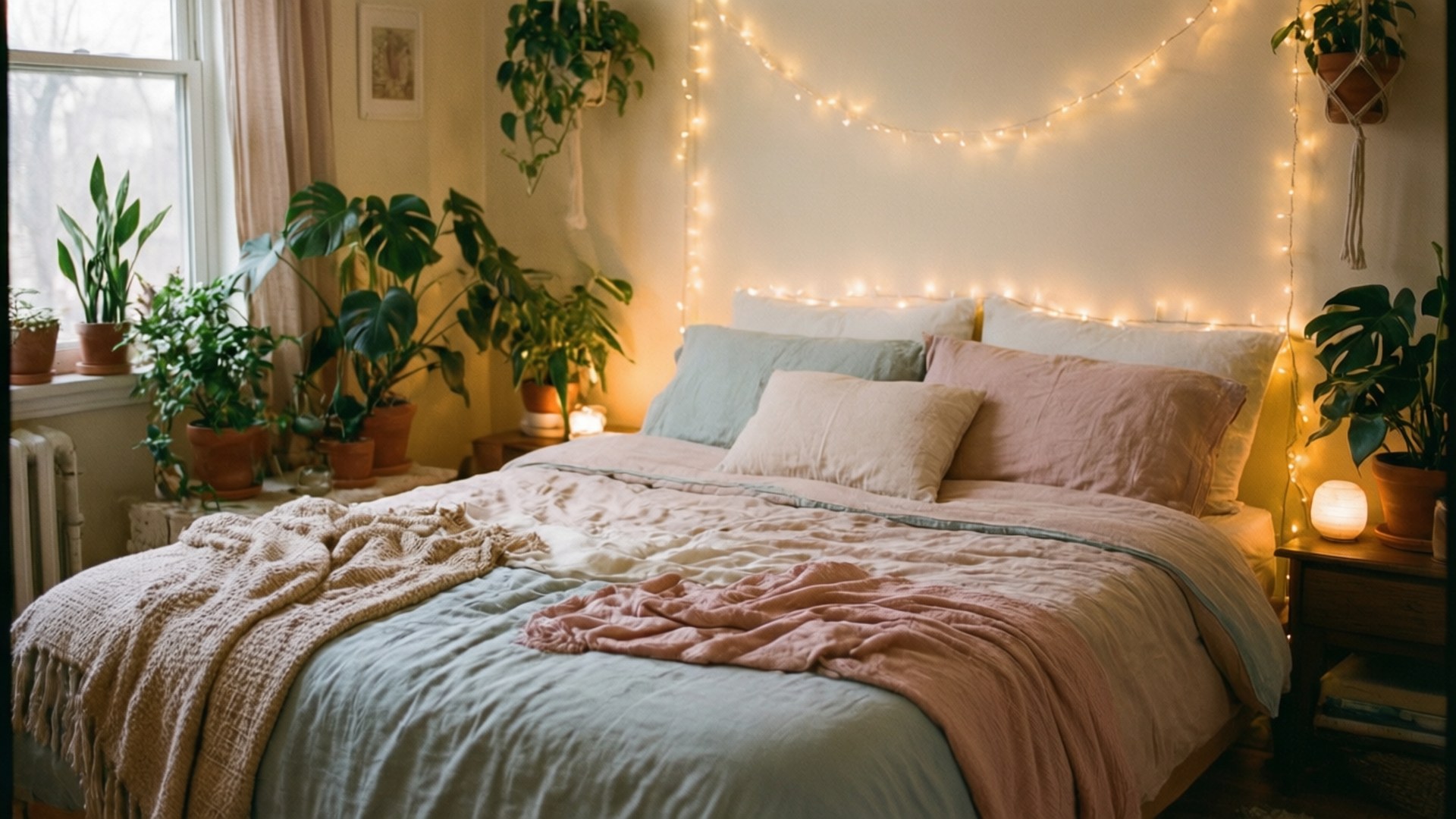 Cozy Bedroom Oasis 壁紙 — 一個舒適的臥室，床上鋪著柔軟的粉紅色和米色床單，周圍環繞著茂密的綠色植物和溫暖的串燈。